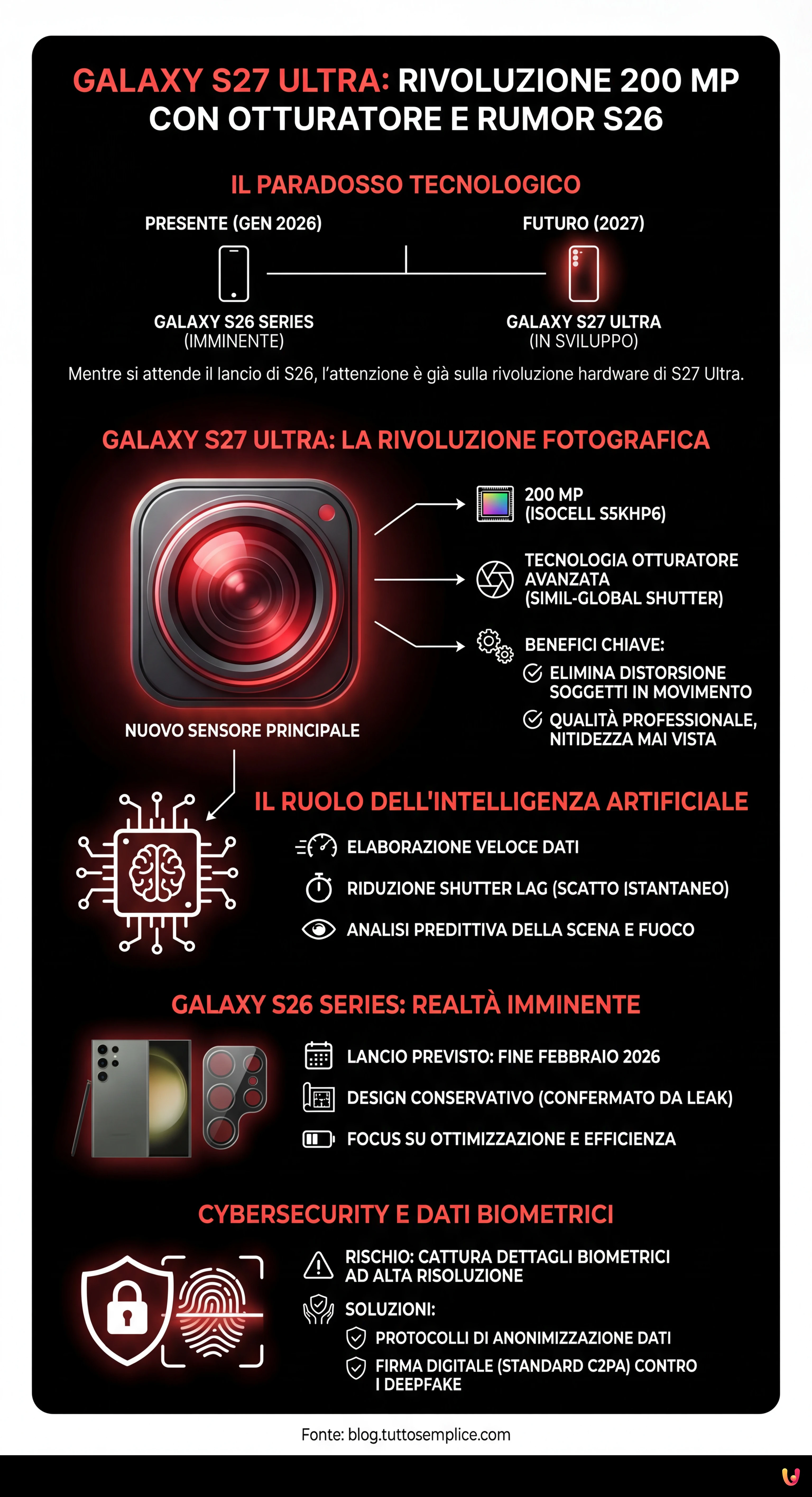 Galaxy S27 Ultra: Rivoluzione 200 MP con Otturatore e Rumor S26 - Infografica riassuntiva