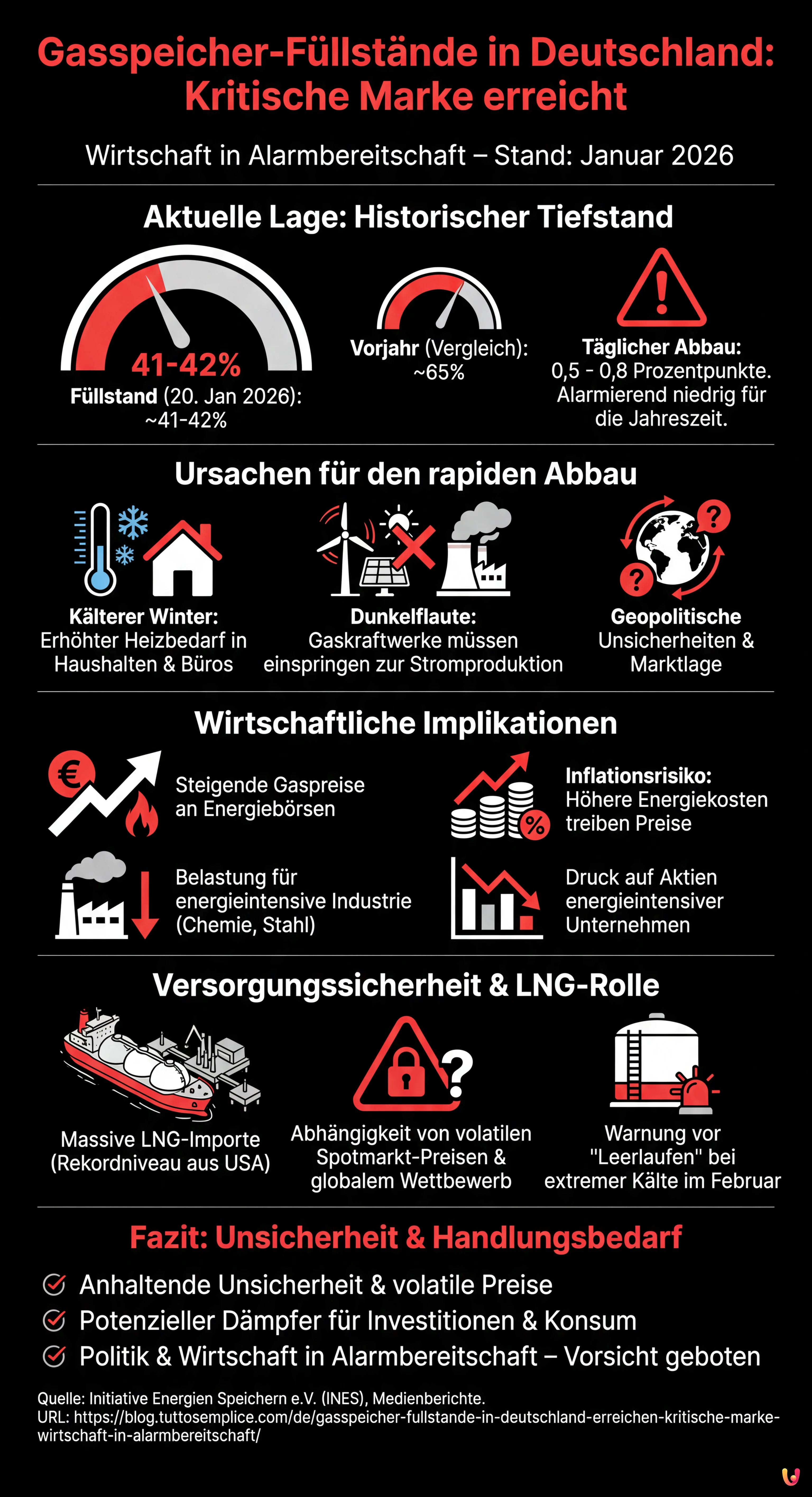 Gasspeicher-Füllstände in Deutschland erreichen kritische Marke: Wirtschaft in Alarmbereitschaft - Zusammenfassende Infografik