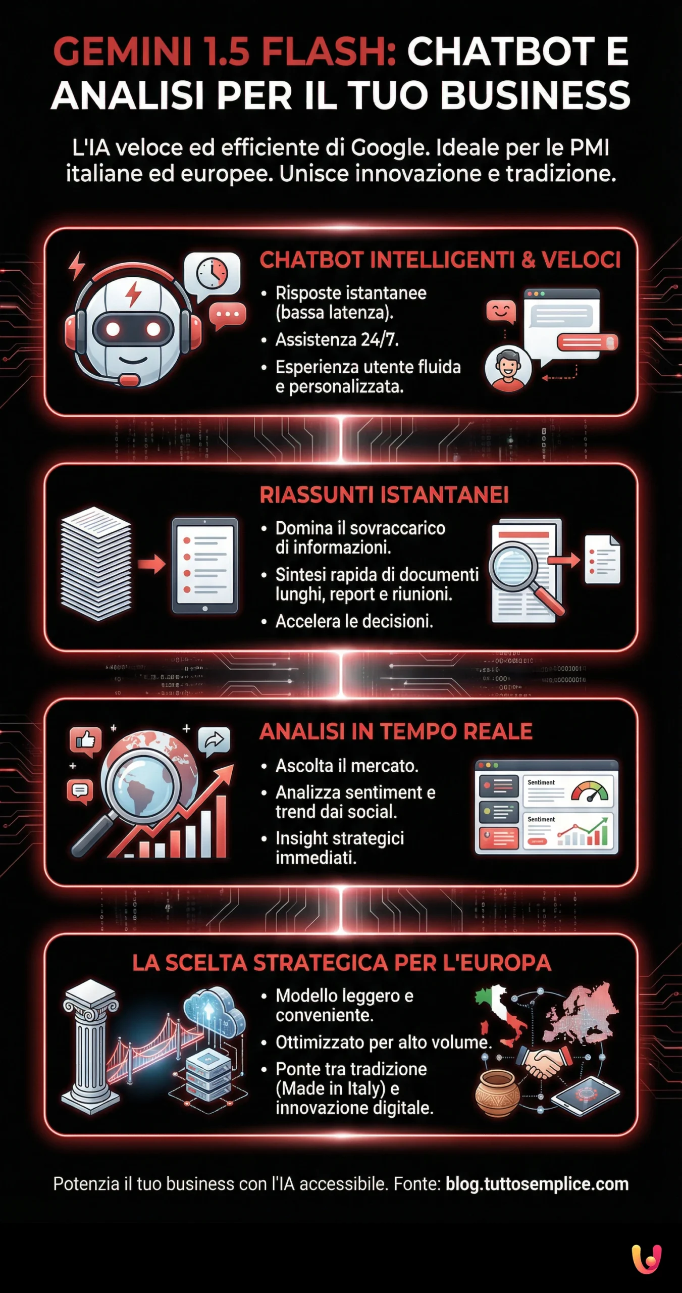 Gemini 1.5 Flash: chatbot e analisi per il tuo business. - Infografica riassuntiva