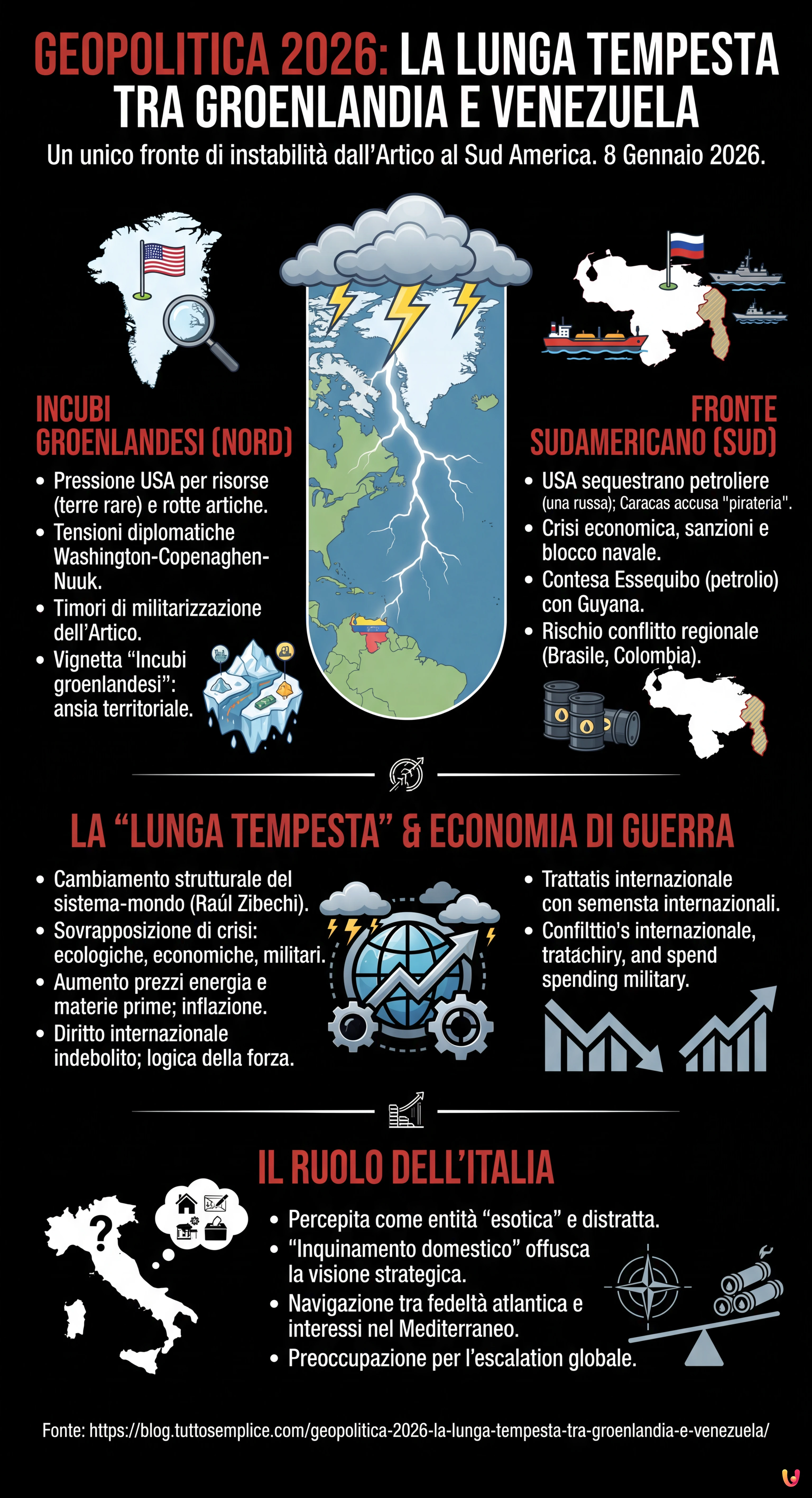 Geopolitica 2026: la Lunga Tempesta tra Groenlandia e Venezuela - Infografica riassuntiva