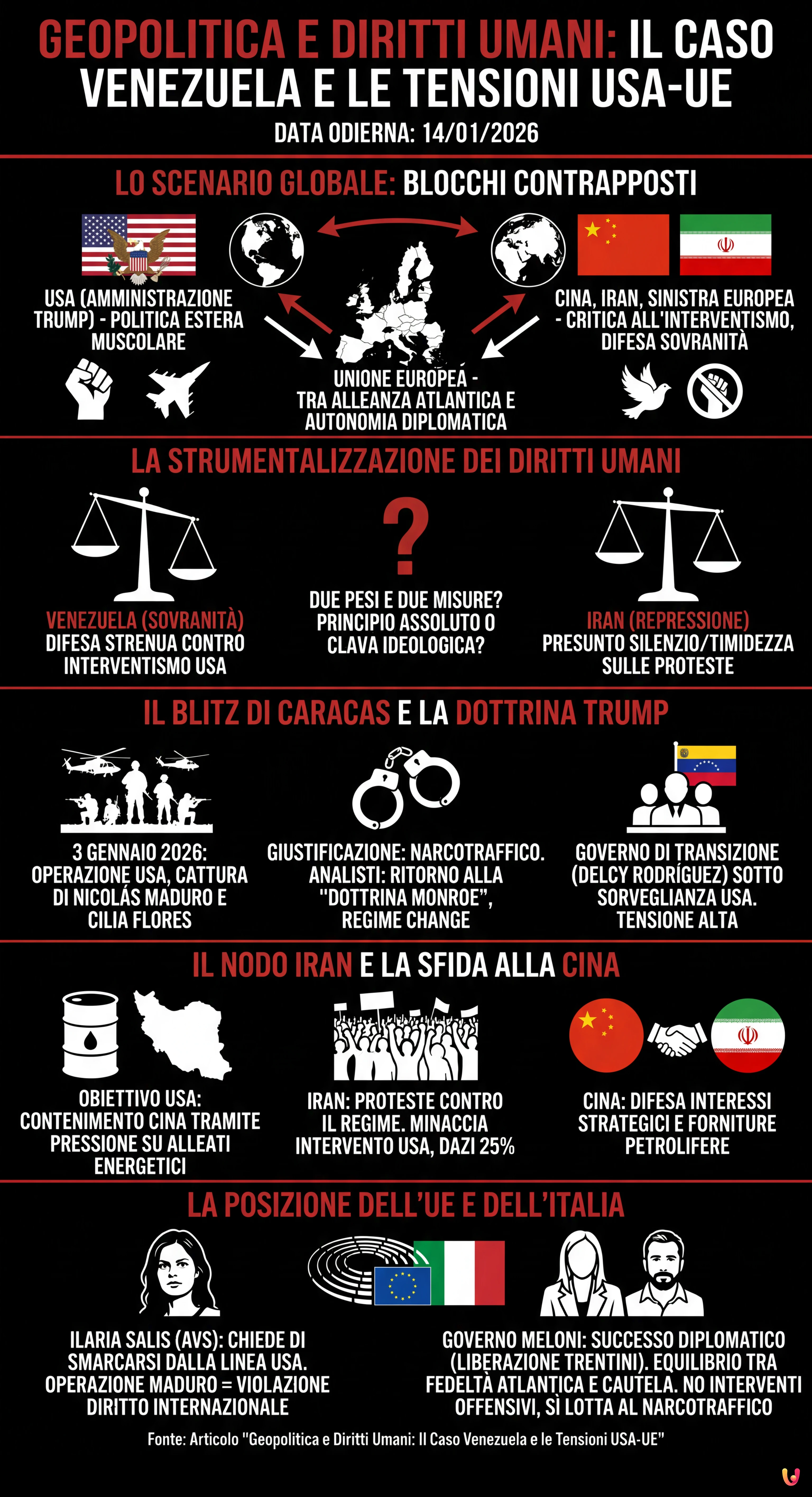 Geopolitica e Diritti Umani: Il Caso Venezuela e le Tensioni USA-UE - Infografica riassuntiva