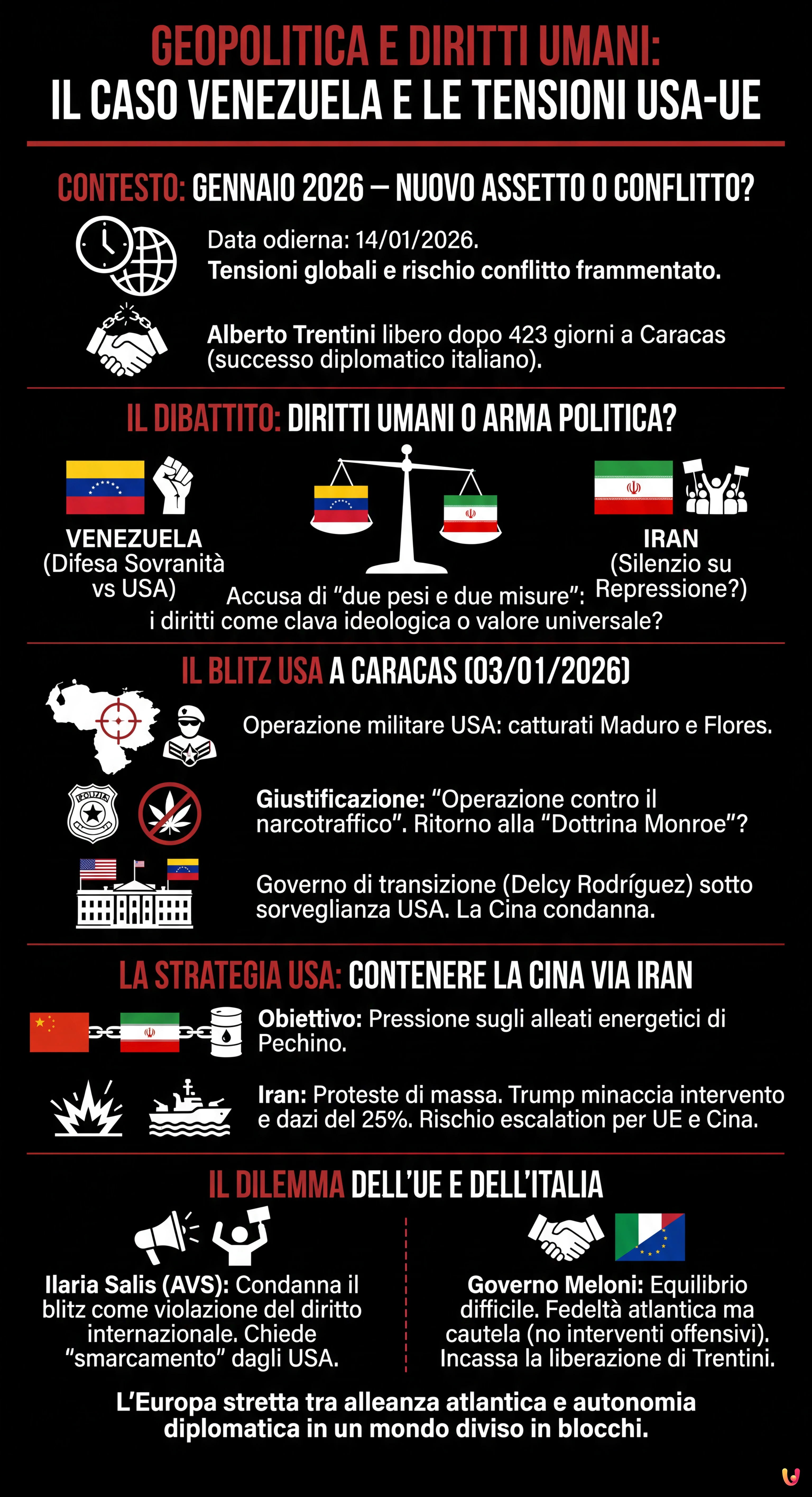Geopolitica e Diritti Umani: Il Caso Venezuela e le Tensioni USA-UE - Infografica riassuntiva