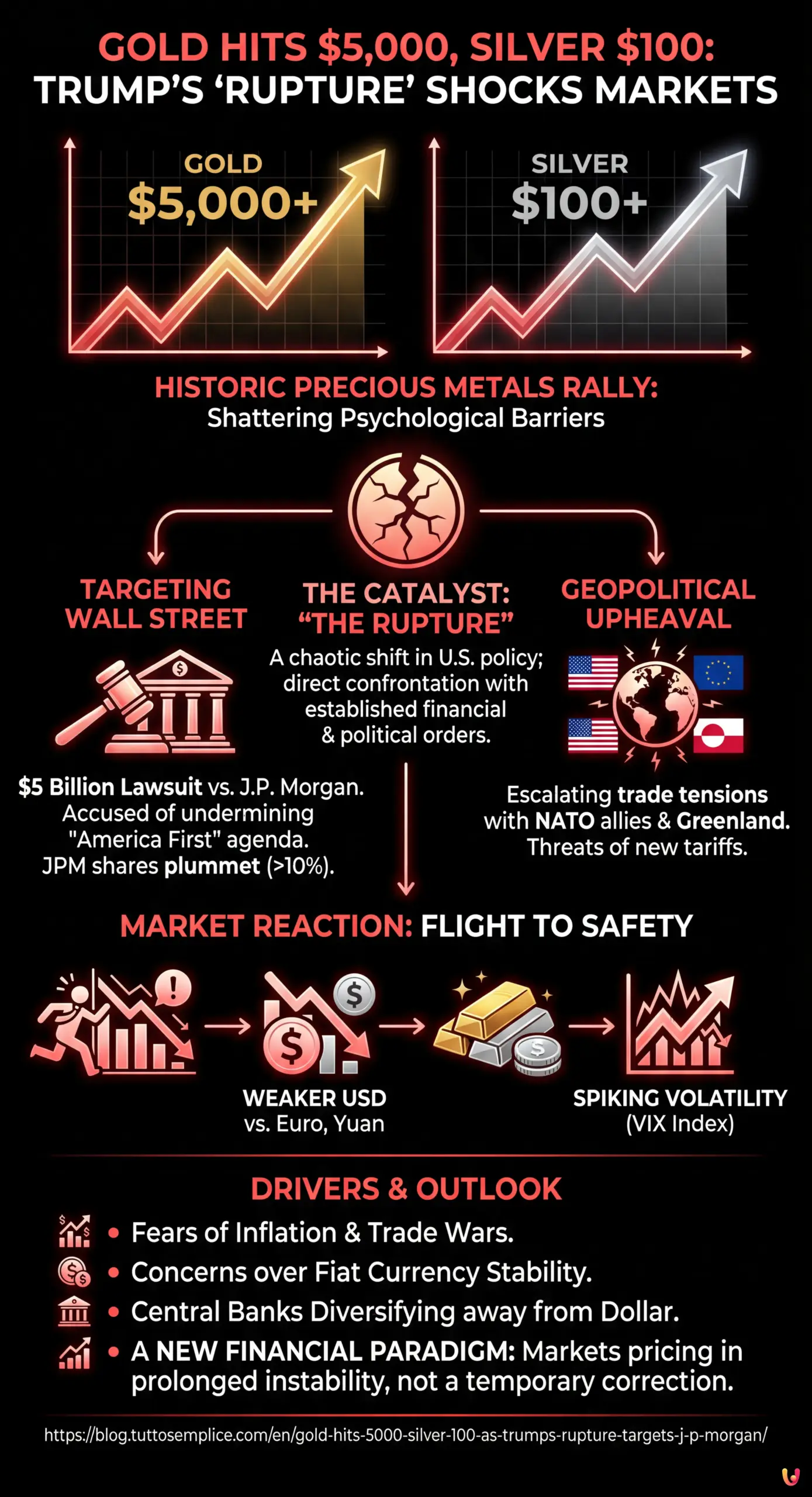 Gold Hits $5,000, Silver $100 as Trump's 'Rupture' Targets J.P. Morgan - Summary Infographic