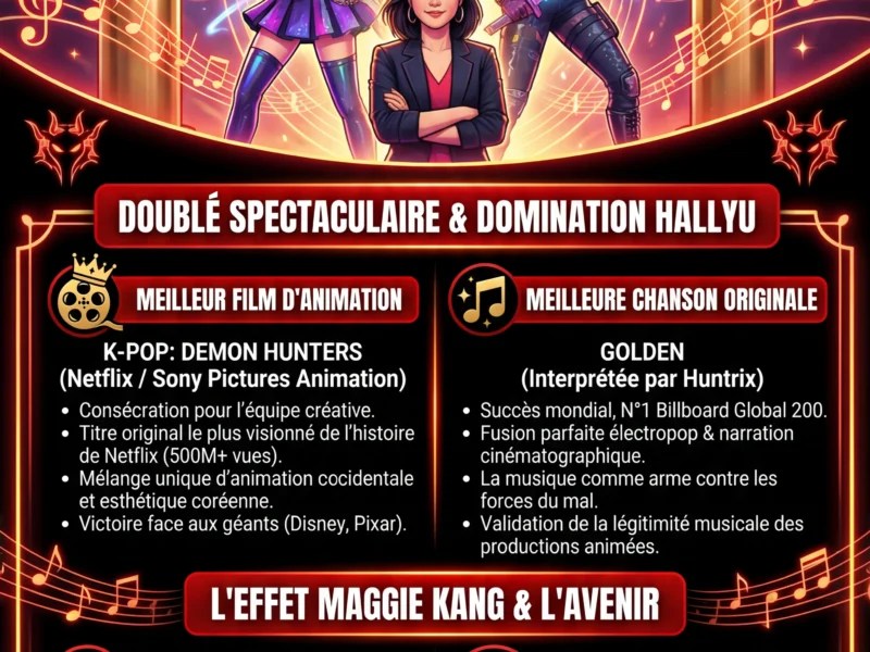 Infografica: Golden Globes 2026 : Le triomphe historique de K-Pop: Demon Hunters et Maggie Kang
