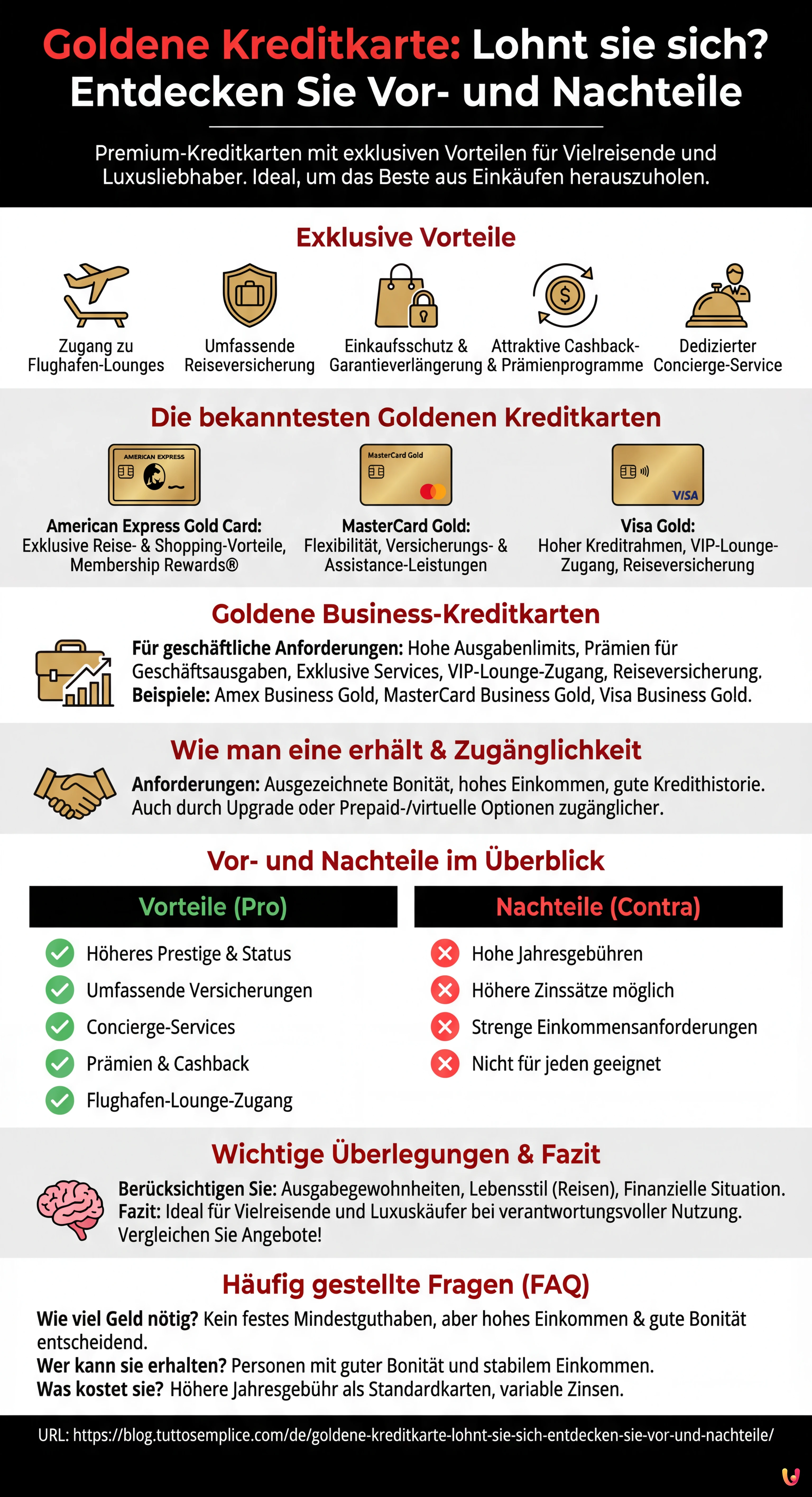 Goldene Kreditkarte: Lohnt sie sich? Entdecken Sie Vor- und Nachteile - Infografica riassuntiva
