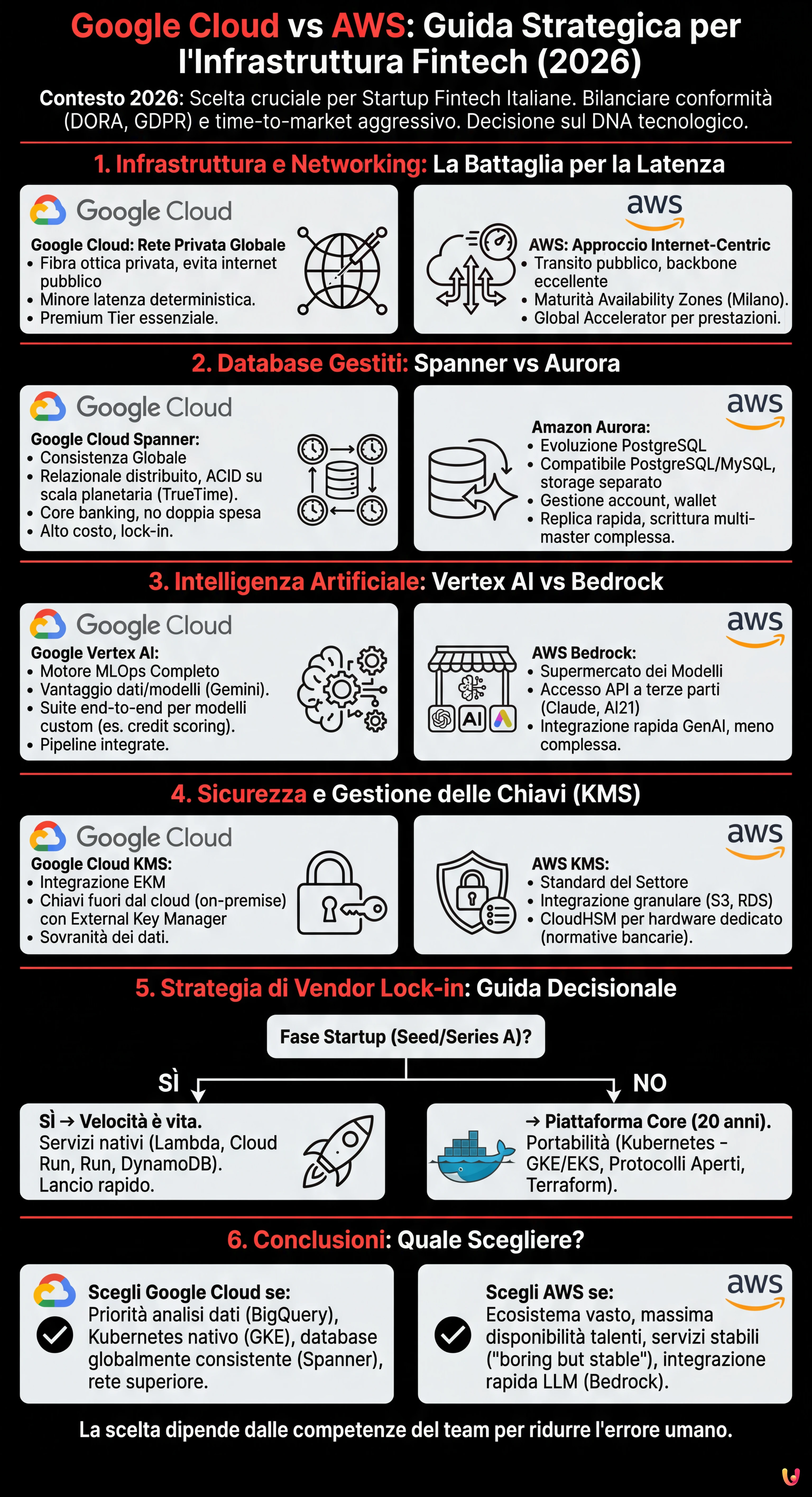 Google Cloud vs AWS: Guida Strategica per l'Infrastruttura Fintech (2026) - Infografica riassuntiva