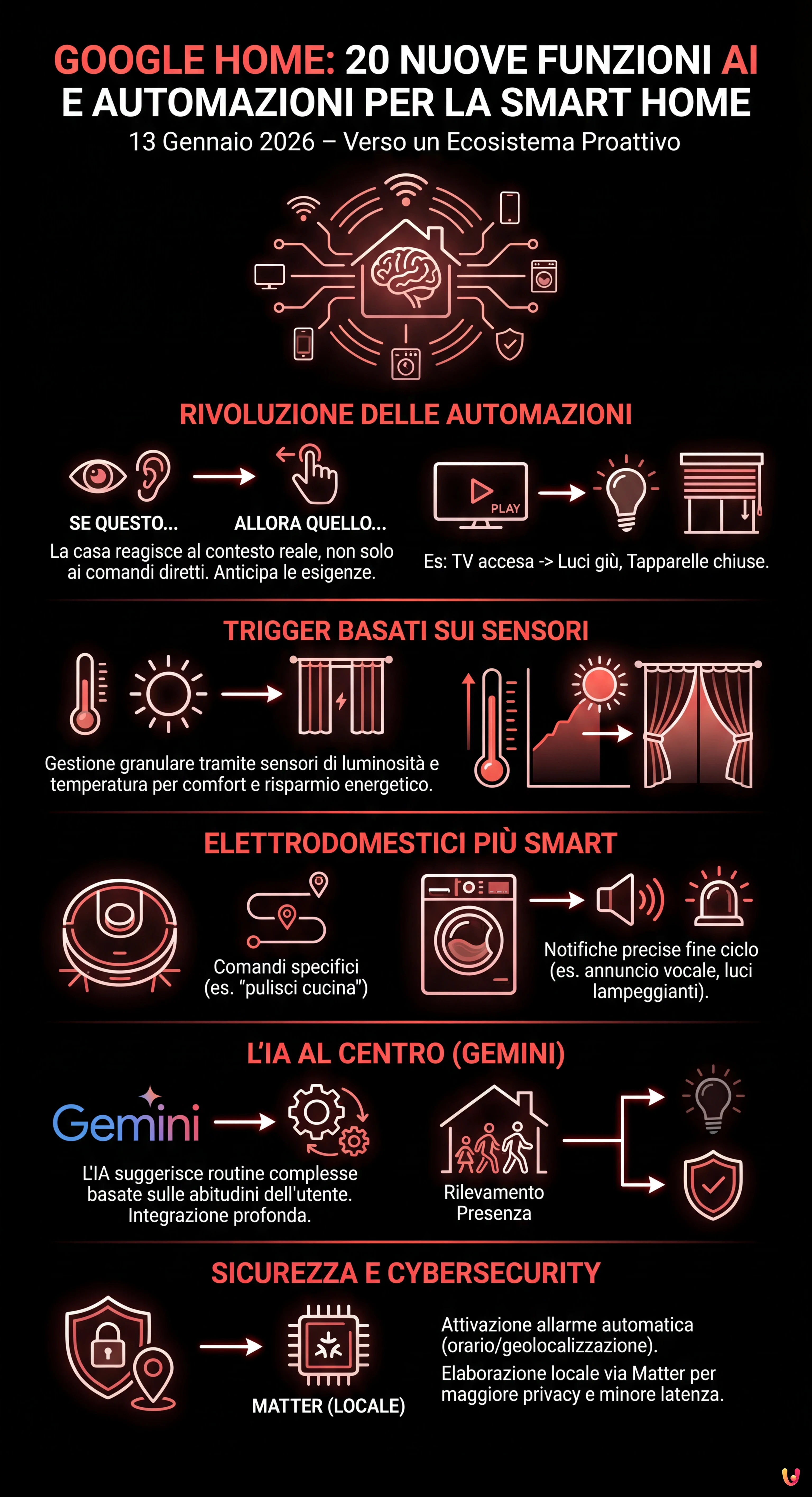 Google Home: 20 Nuove Funzioni AI e Automazioni per la Smart Home - Infografica riassuntiva