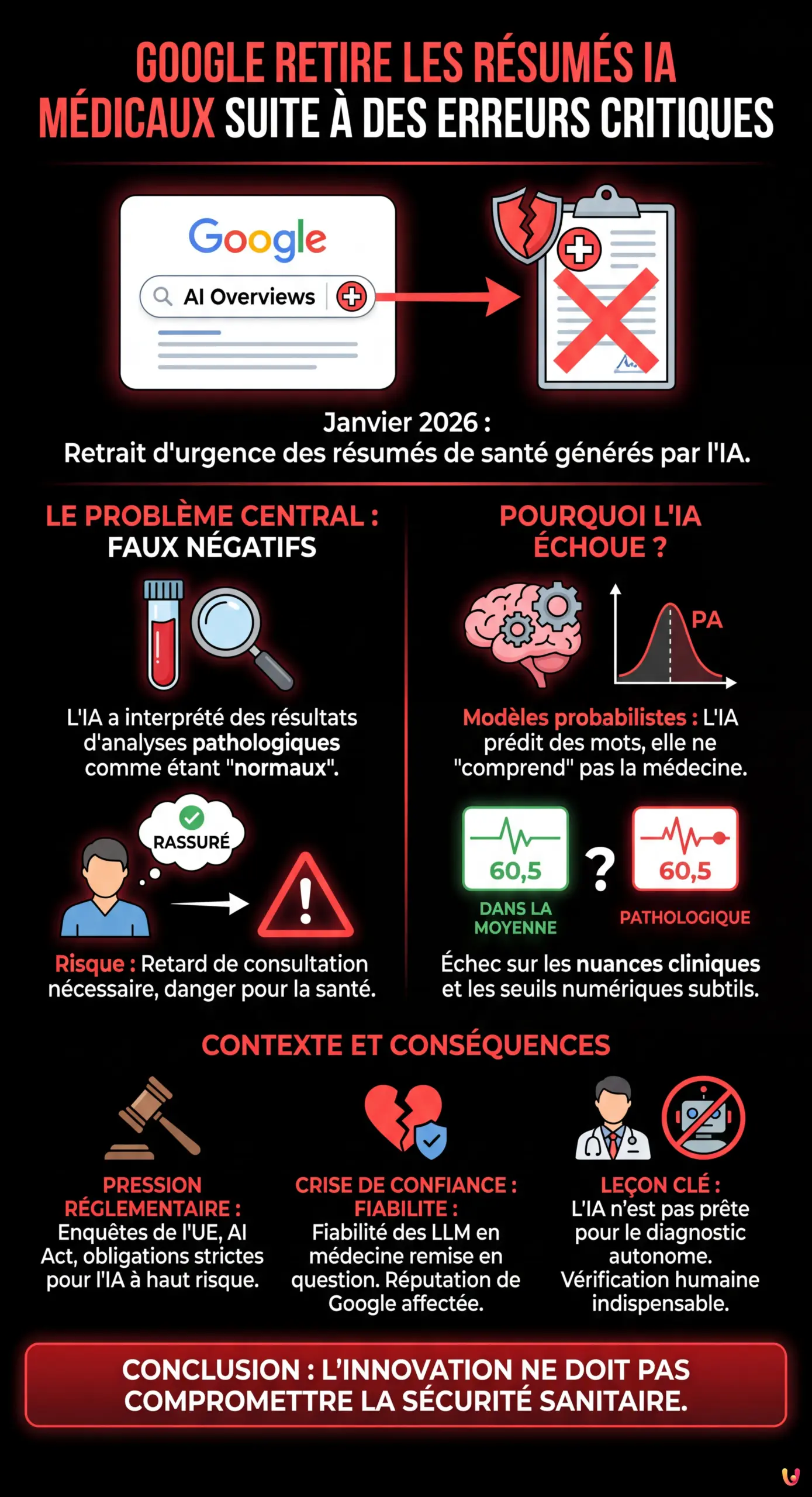 Google retire les résumés IA médicaux suite à des erreurs critiques - Infographie résumant
