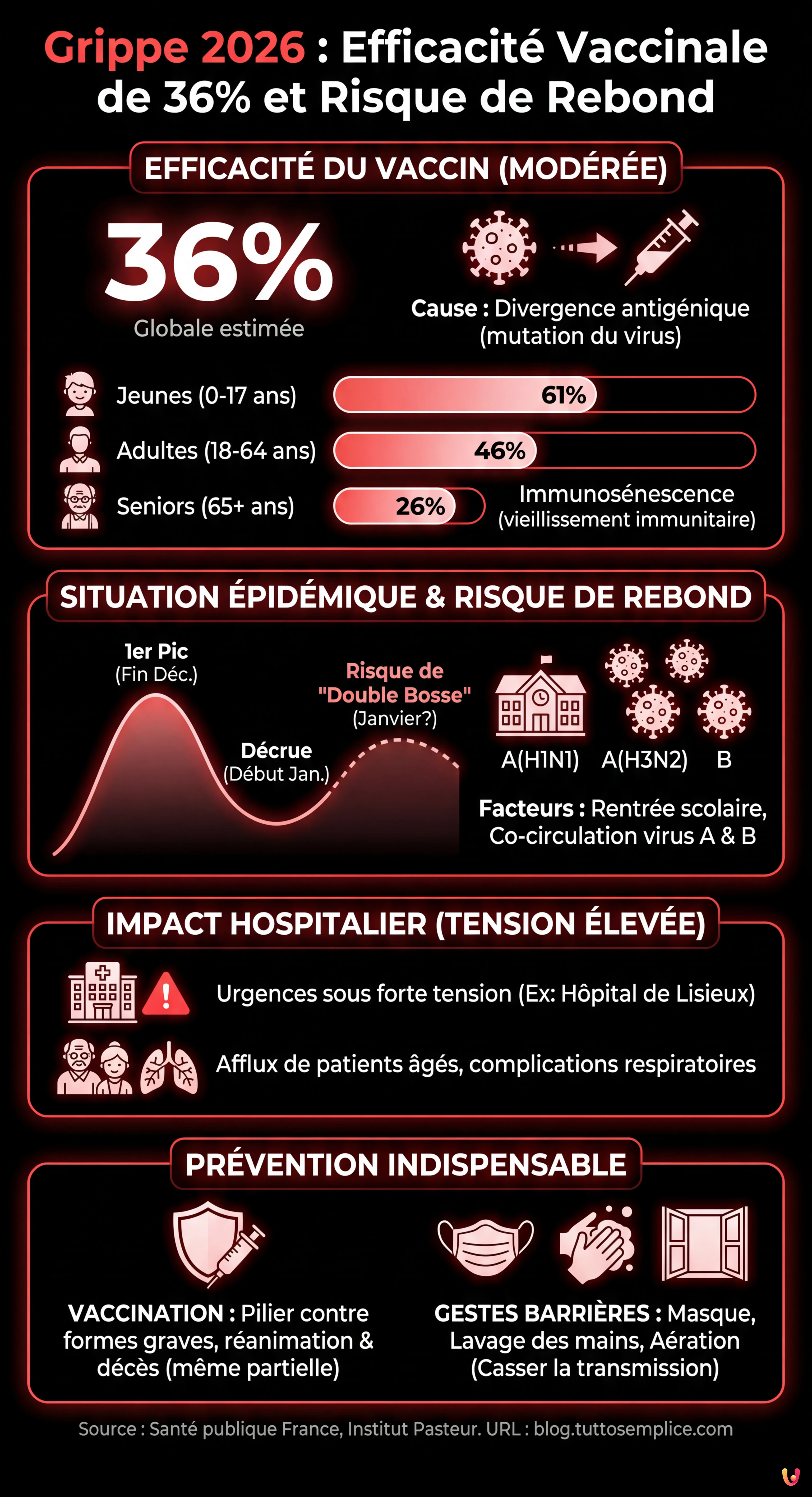Grippe 2026 : efficacité vaccinale de 36% et risque de rebond - Infographie résumant