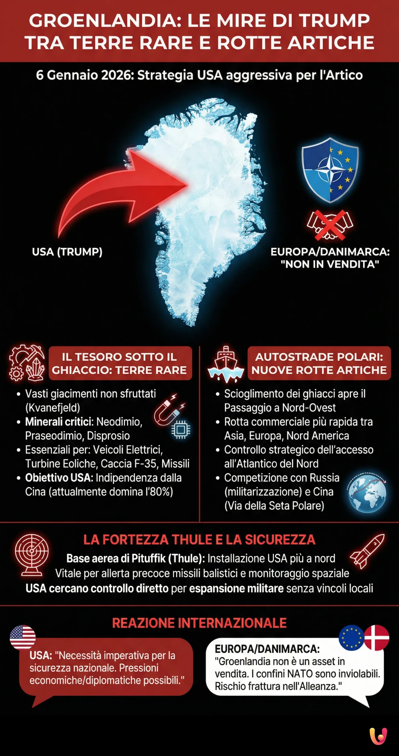 Groenlandia: le mire di Trump tra terre rare e rotte artiche - Infografica riassuntiva