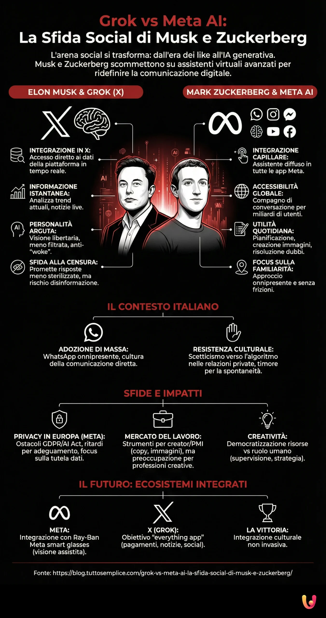 Grok vs Meta AI: La Sfida Social di Musk e Zuckerberg - Infografica riassuntiva