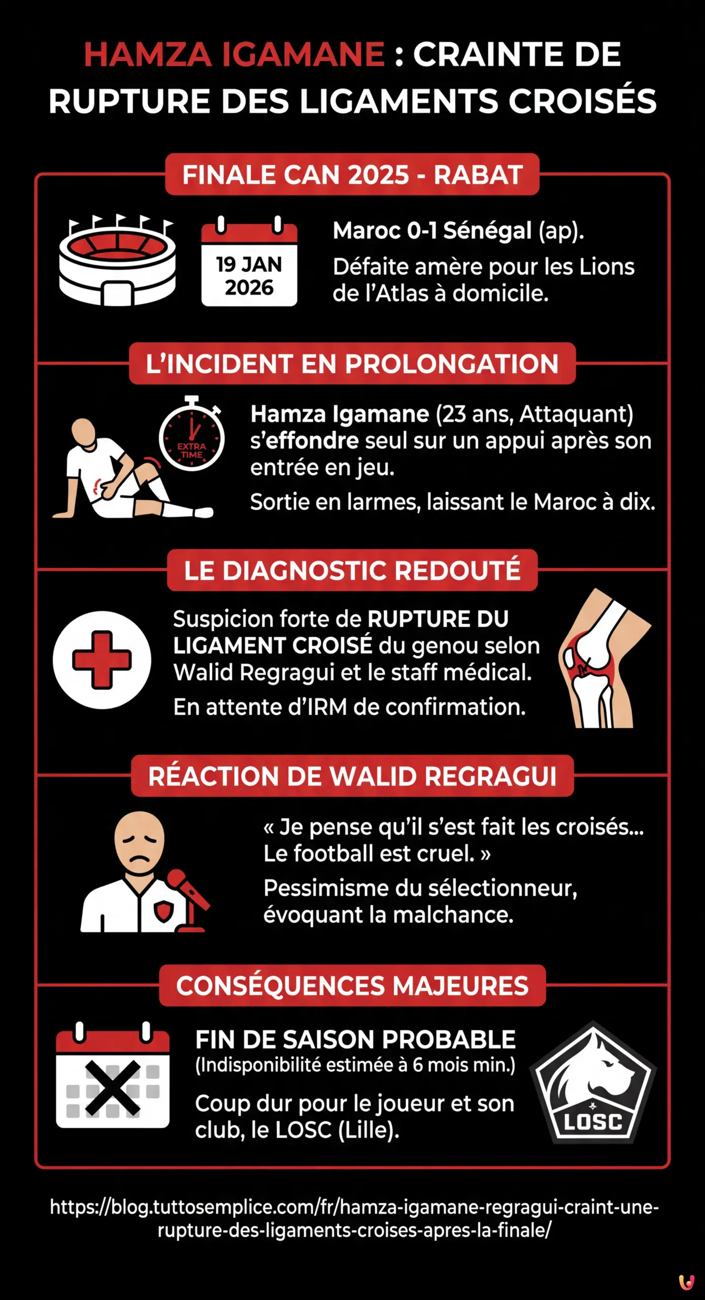 Hamza Igamane : Regragui craint une rupture des ligaments croisés après la finale - Infographie résumant