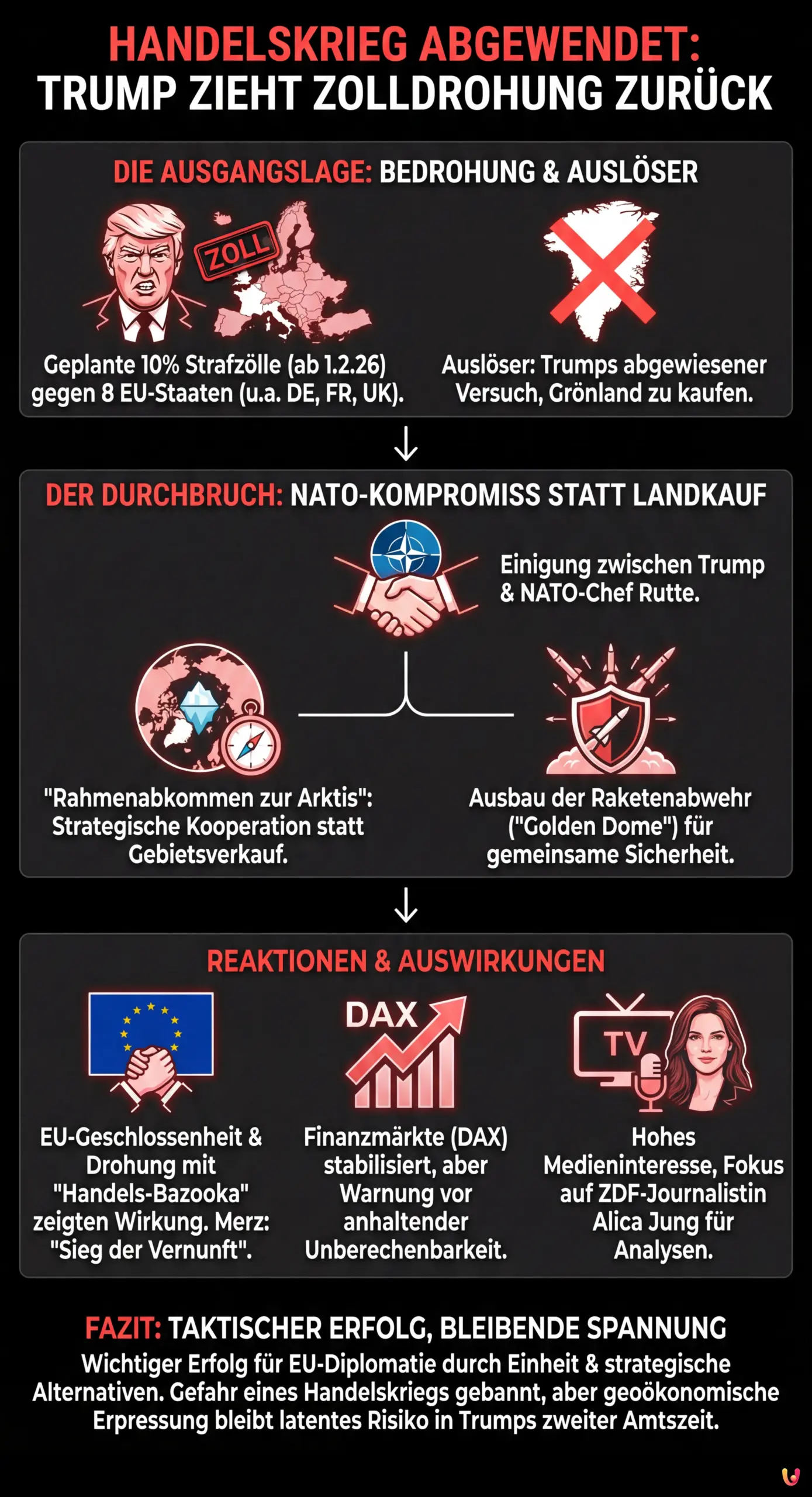 Handelskrieg abgewendet: Trump zieht Zolldrohung gegen Europa zur&uuml;ck - Zusammenfassende Infografik