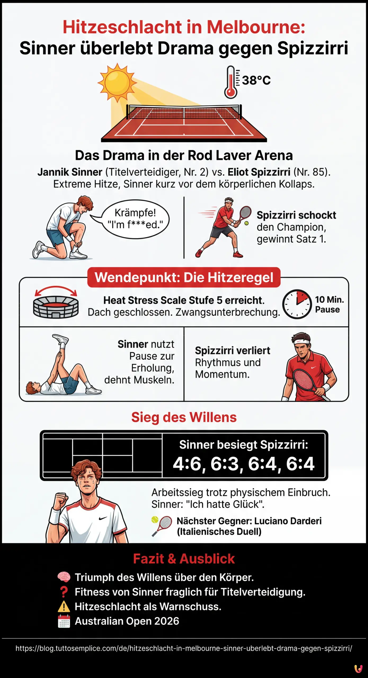Hitzeschlacht in Melbourne: Sinner &uuml;berlebt Drama gegen Spizzirri - Zusammenfassende Infografik