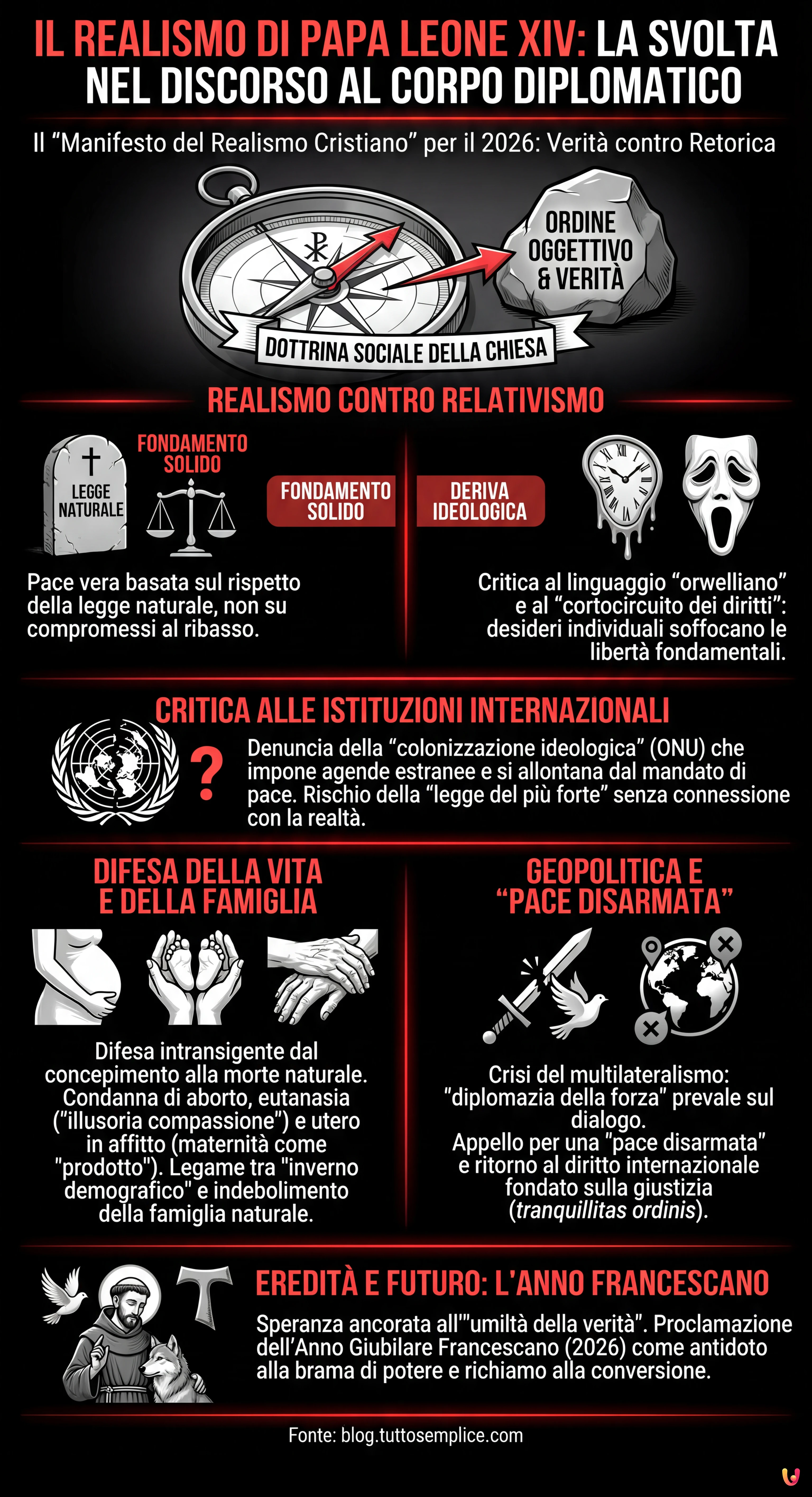 Il realismo di Papa Leone XIV: la svolta nel discorso al Corpo Diplomatico - Infografica riassuntiva