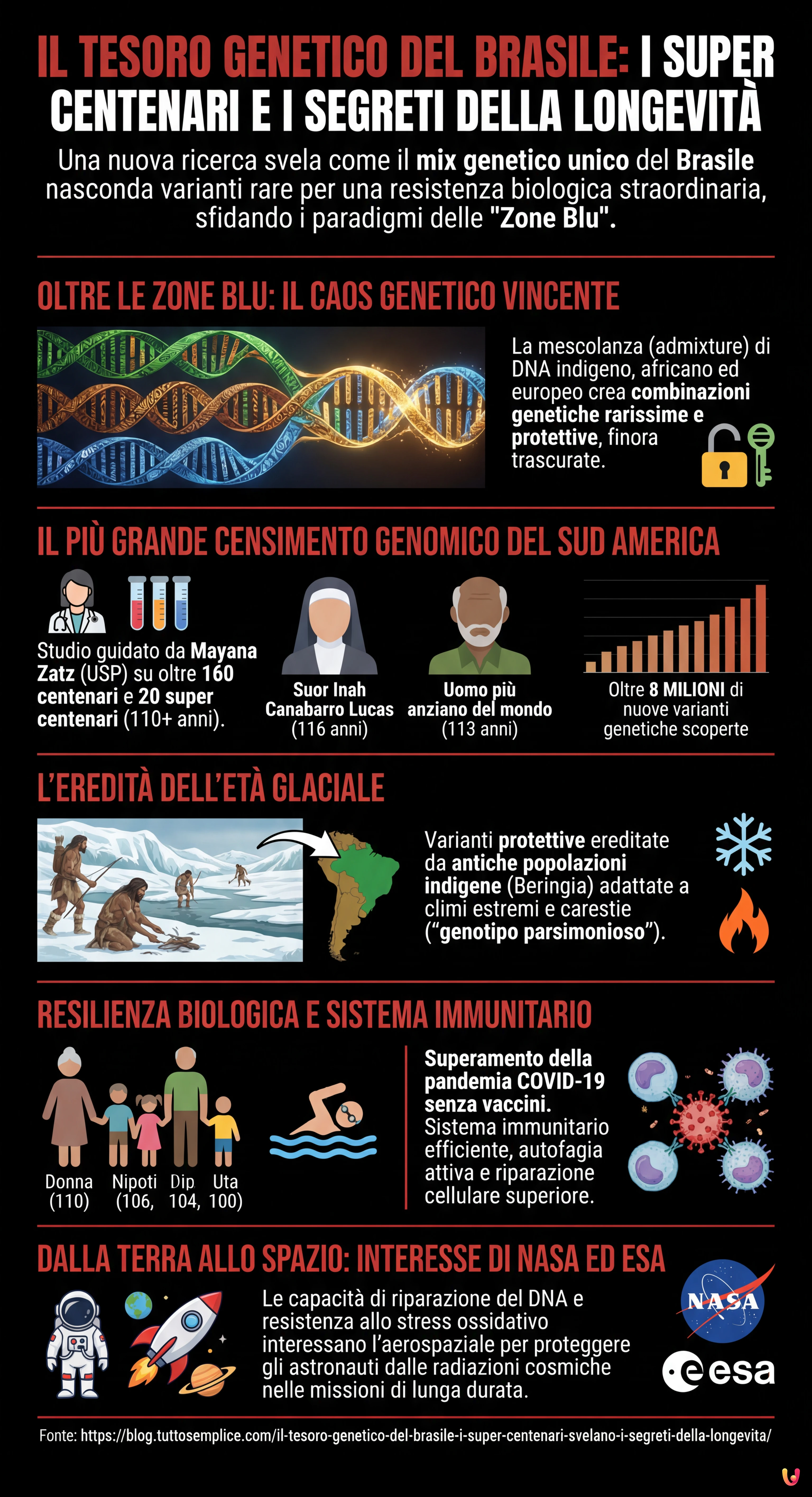 Il tesoro genetico del Brasile: i super centenari svelano i segreti della longevit&agrave; - Infografica riassuntiva