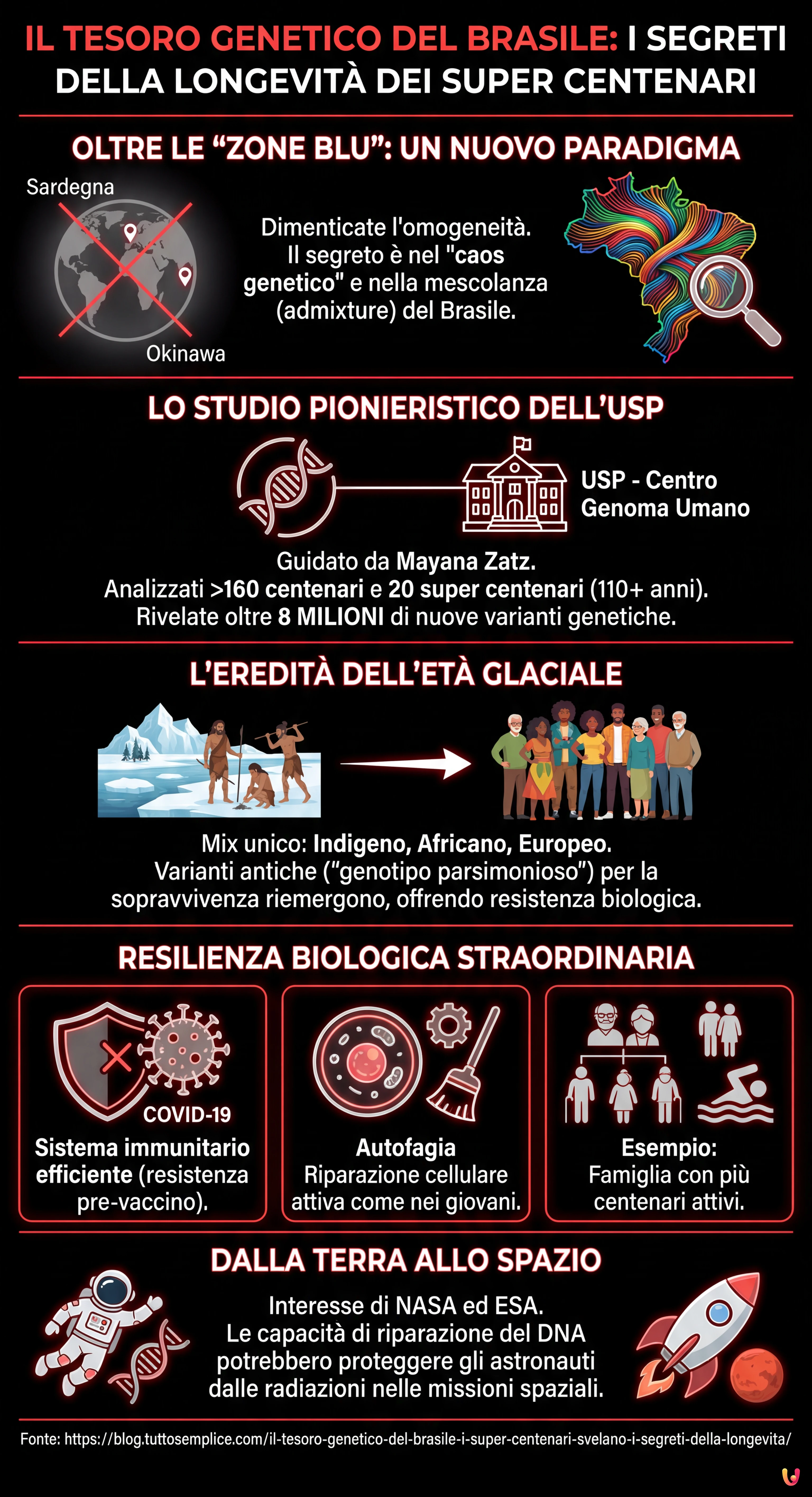 Il tesoro genetico del Brasile: i super centenari svelano i segreti della longevit&agrave; - Infografica riassuntiva