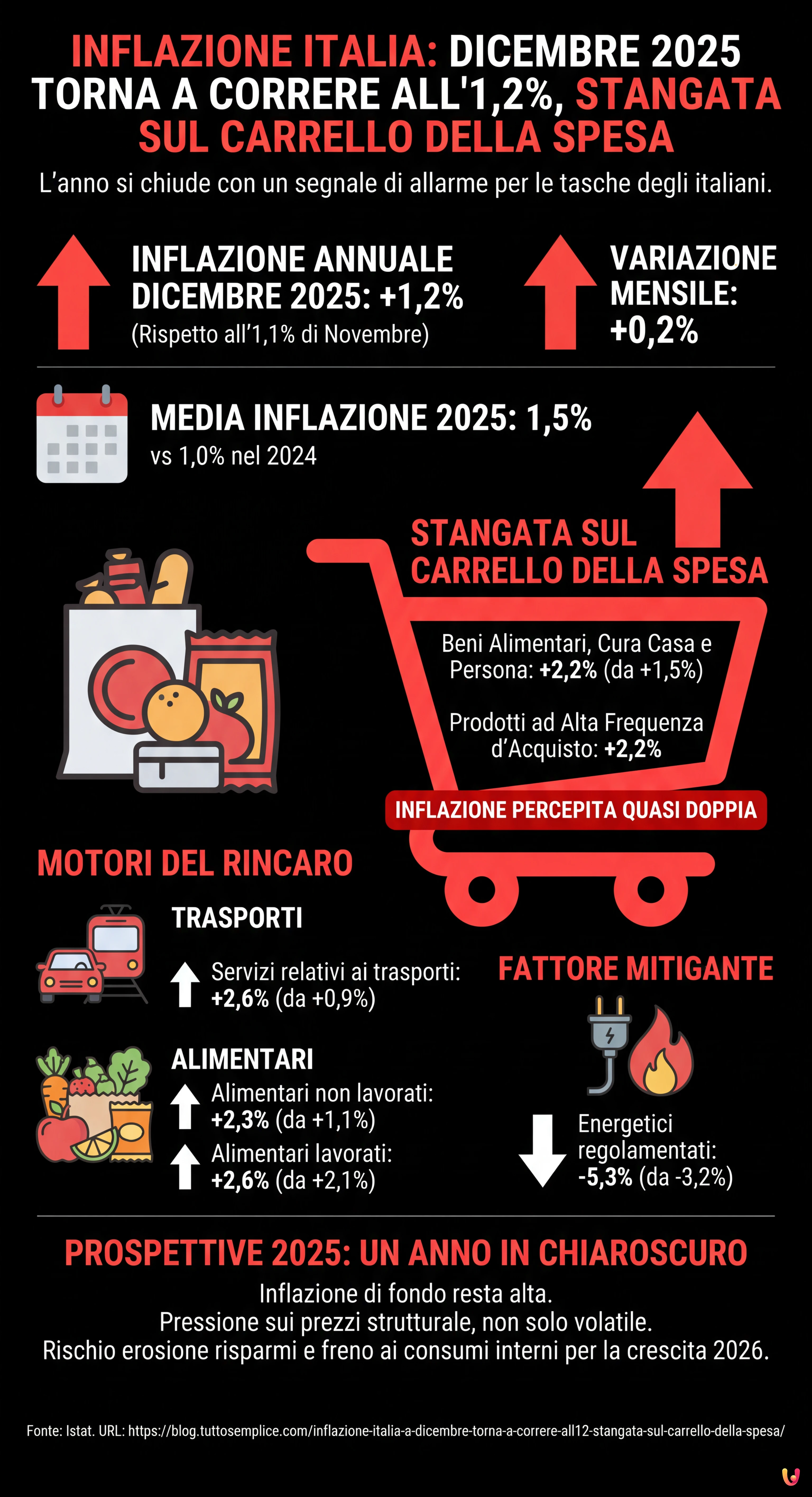 Inflazione Italia: a dicembre torna a correre all'1,2%, stangata sul carrello della spesa - Infografica riassuntiva