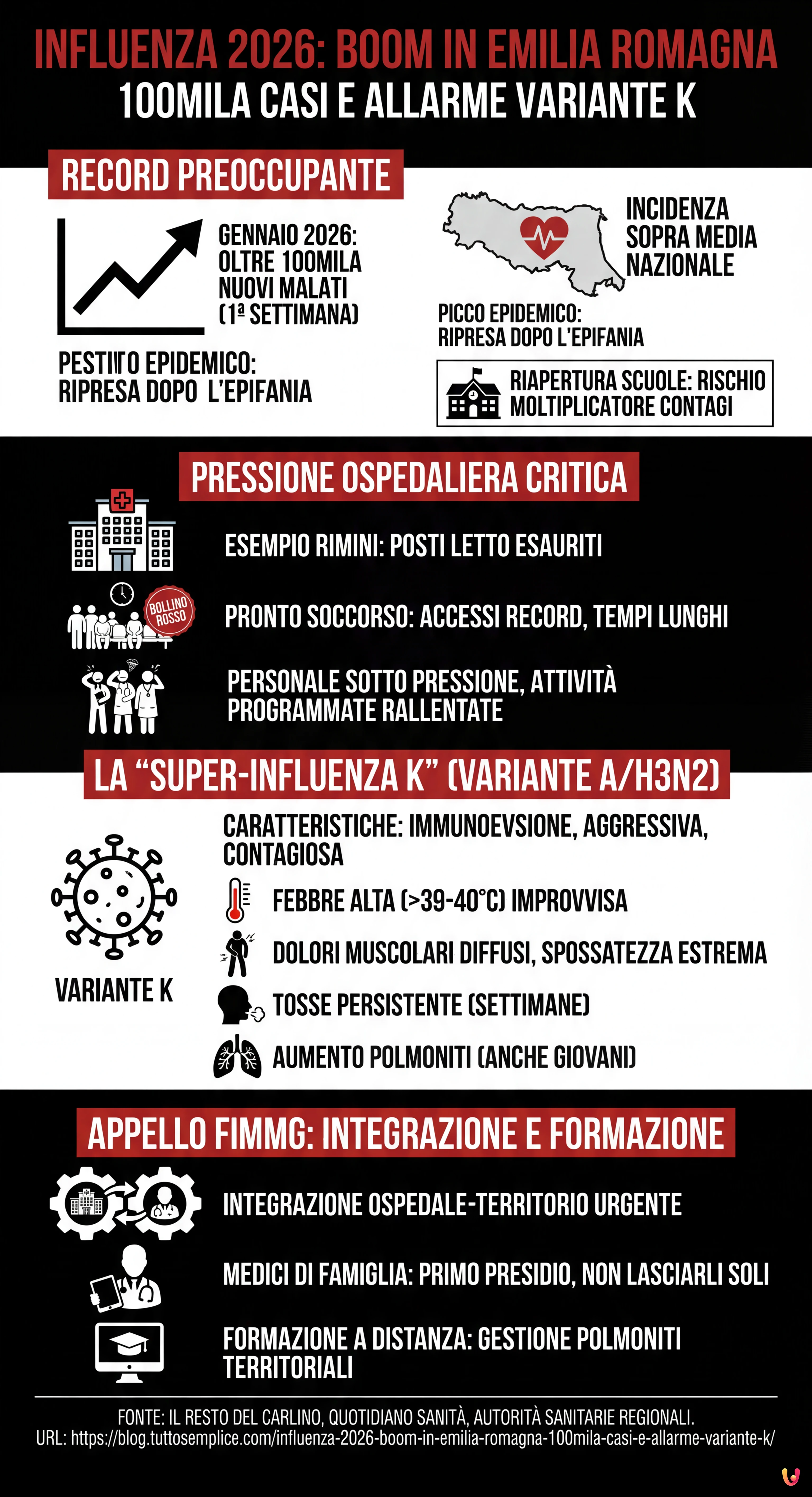 Influenza 2026, boom in Emilia Romagna: 100mila casi e allarme variante K - Infografica riassuntiva