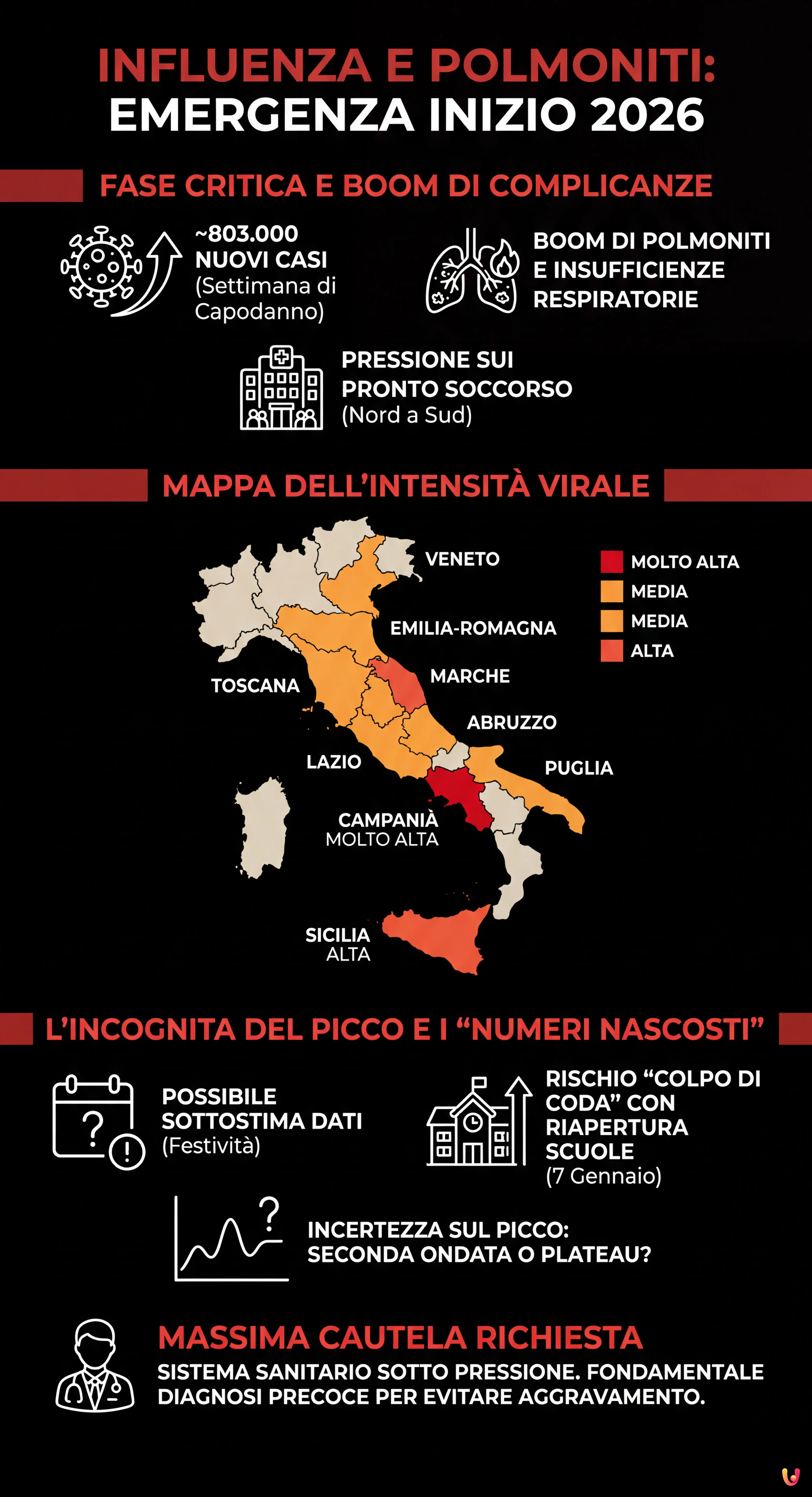 Influenza, 800mila casi e boom di polmoniti: mappa del contagio e picco - Infografica riassuntiva