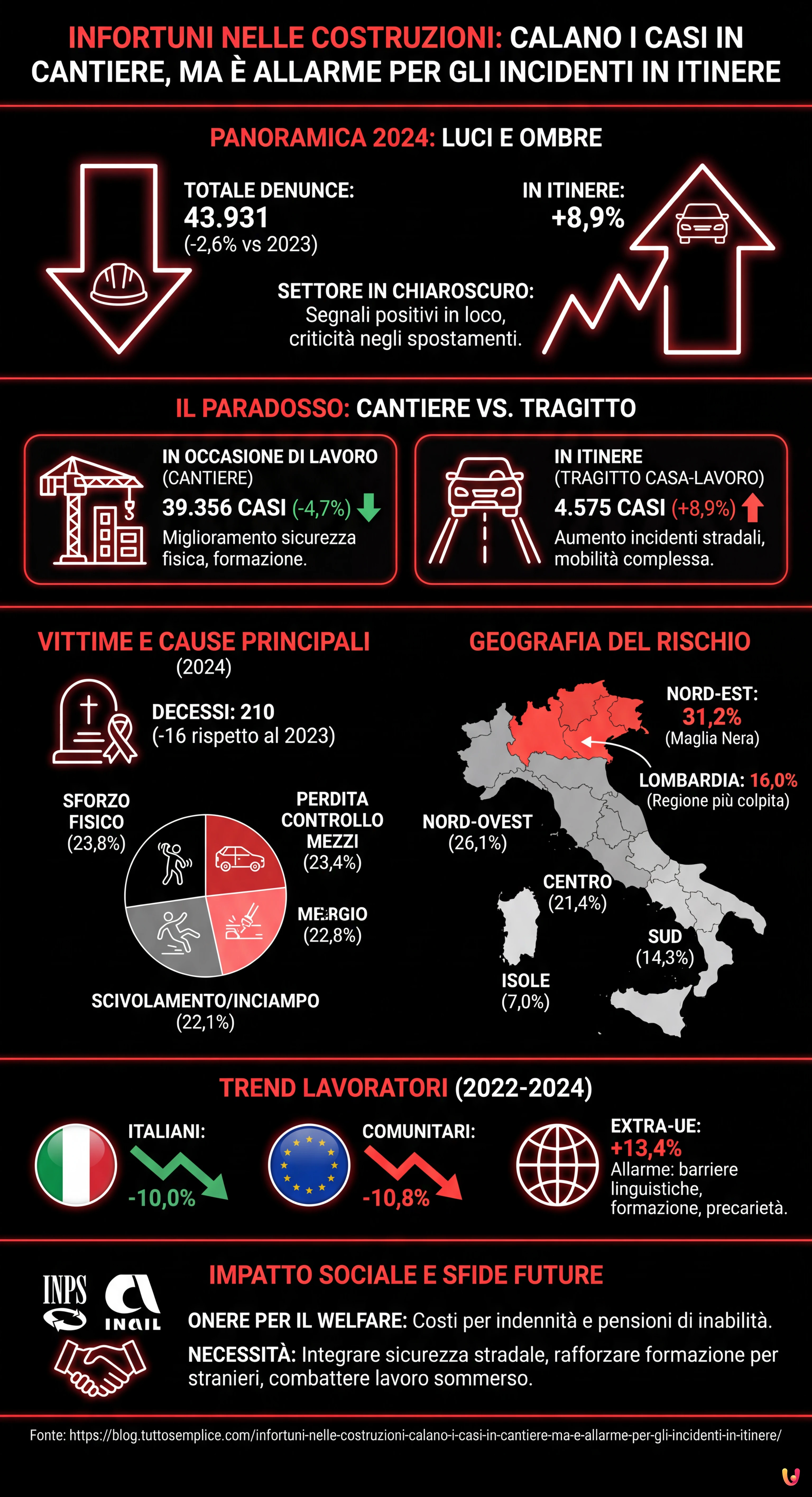 Infortuni nelle costruzioni: calano i casi in cantiere, ma è allarme per gli incidenti in itinere - Infografica riassuntiva