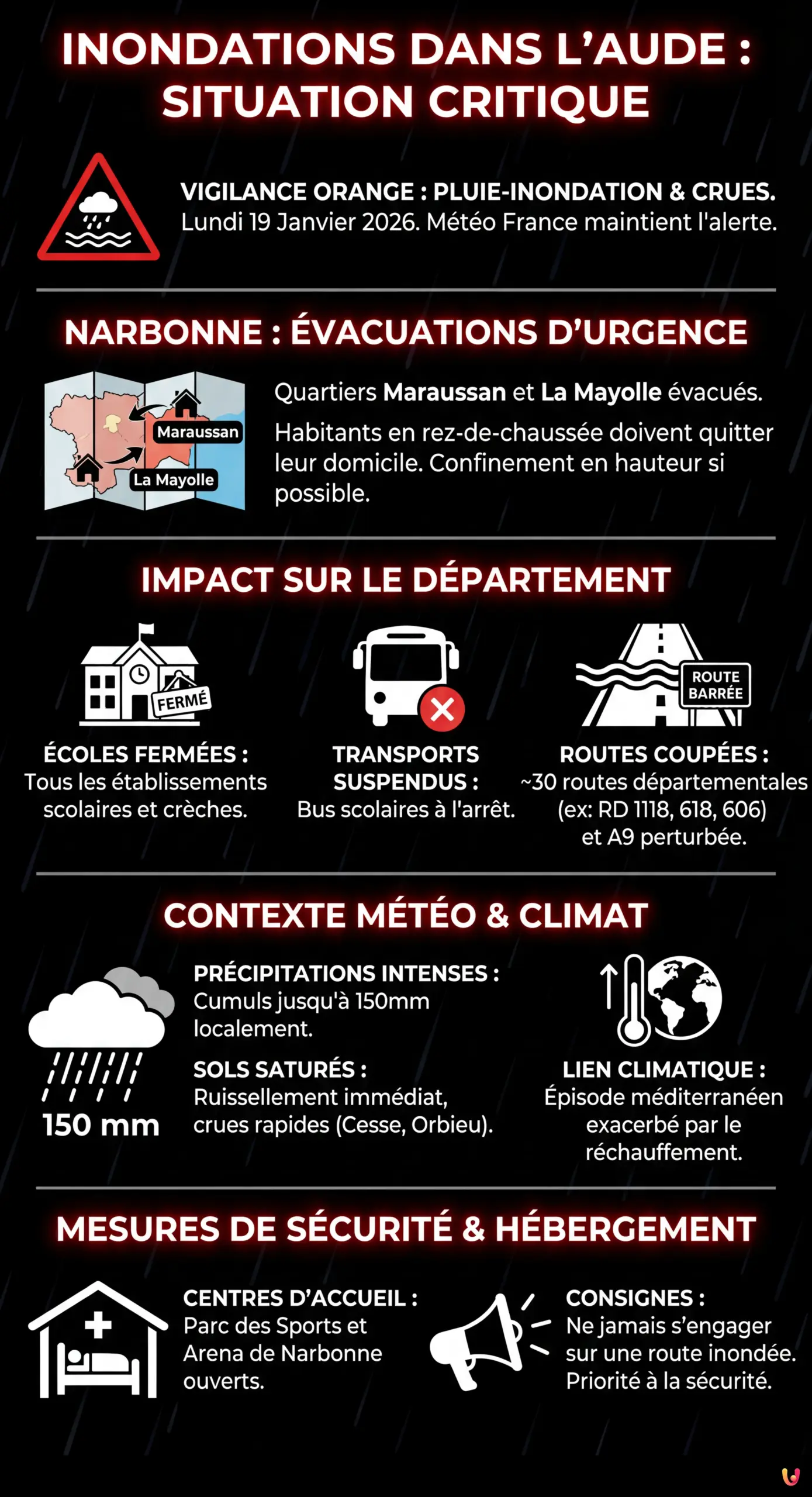 Inondations dans l'Aude : Narbonne &eacute;vacue deux quartiers, la vigilance orange maintenue - Infographie r&eacute;sumant