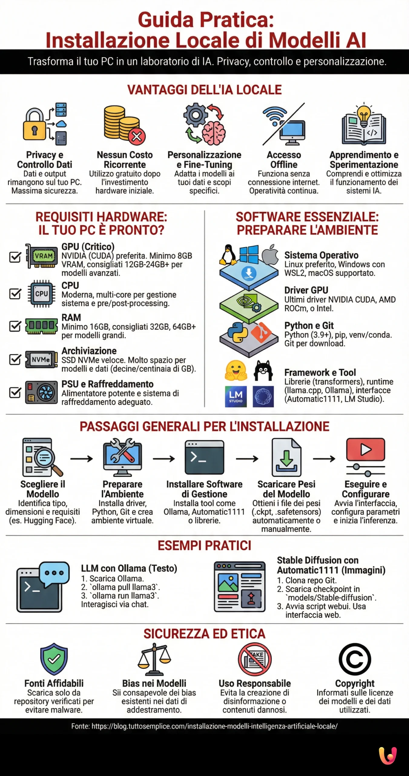 Guida Pratica all'Installazione Locale di Modelli AI sul Tuo Computer - Infografica riassuntiva
