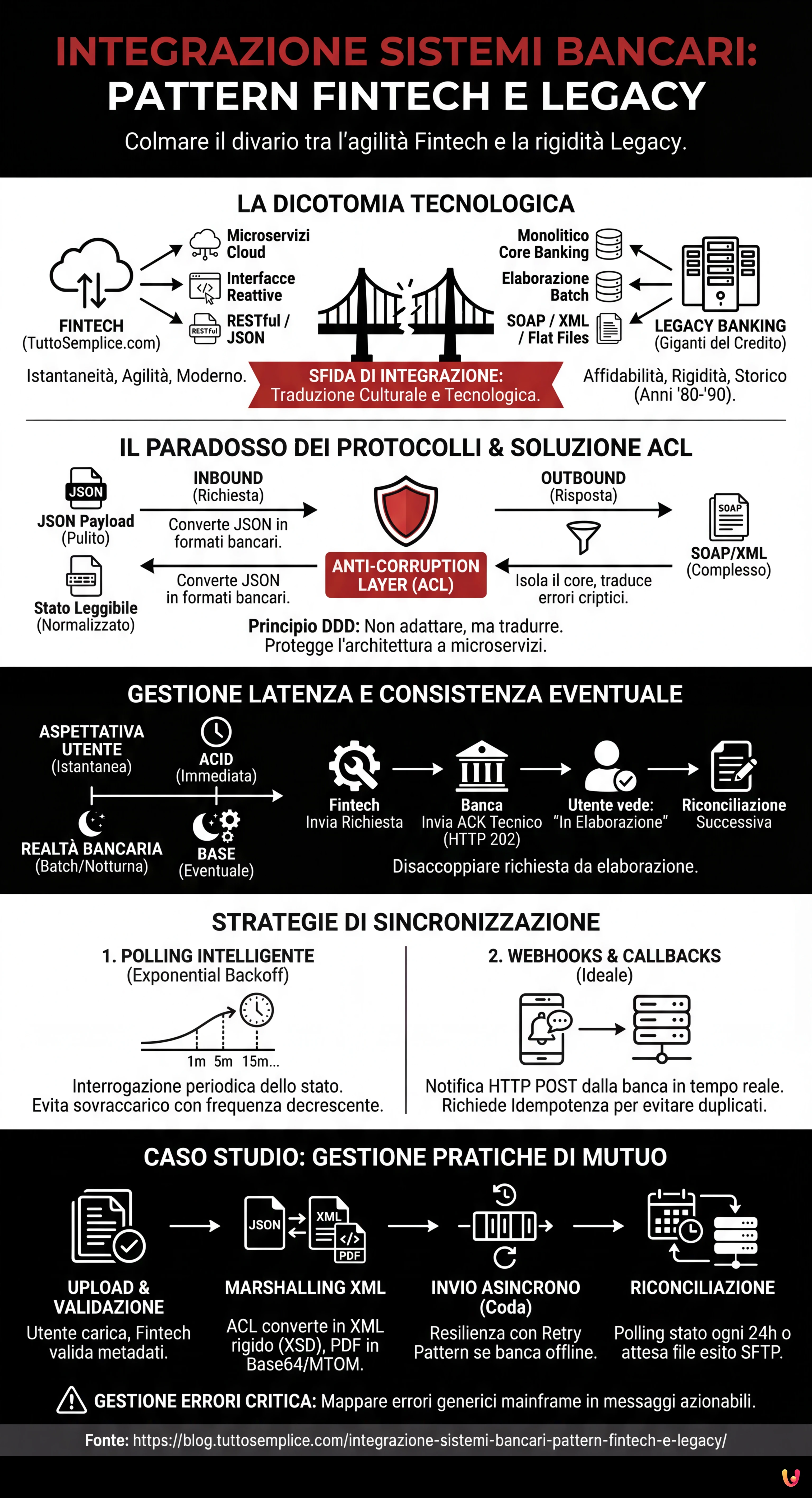 Integrazione Sistemi Bancari: Pattern Fintech e Legacy - Infografica riassuntiva