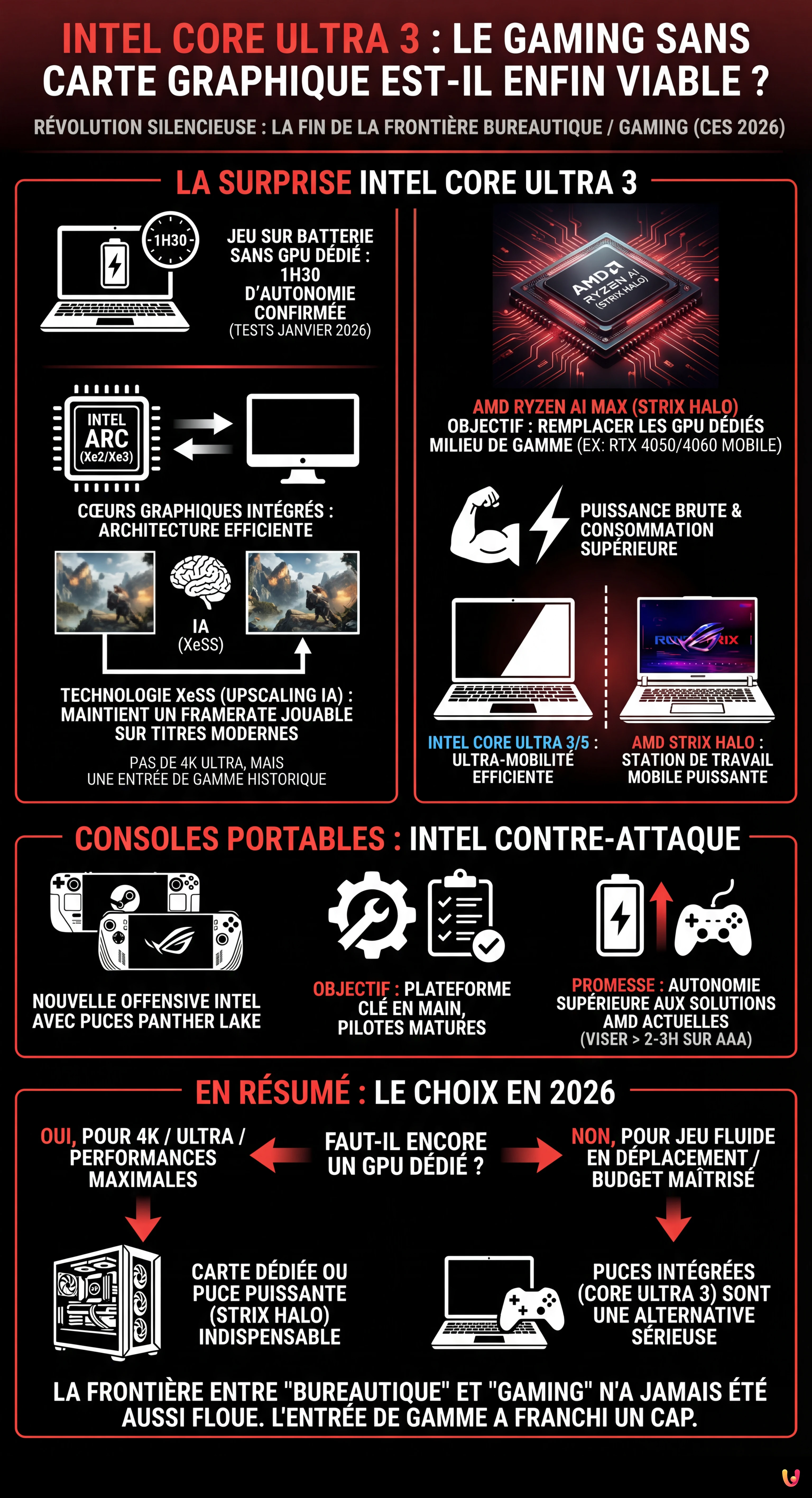 Intel Core Ultra 3 : Le gaming sans carte graphique est-il enfin viable ? - Infografica riassuntiva