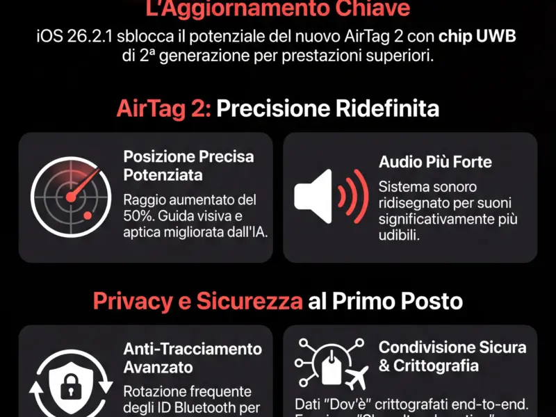 Infografica: iOS 26.2.1 e AirTag 2: Apple lancia il futuro della localizzazione