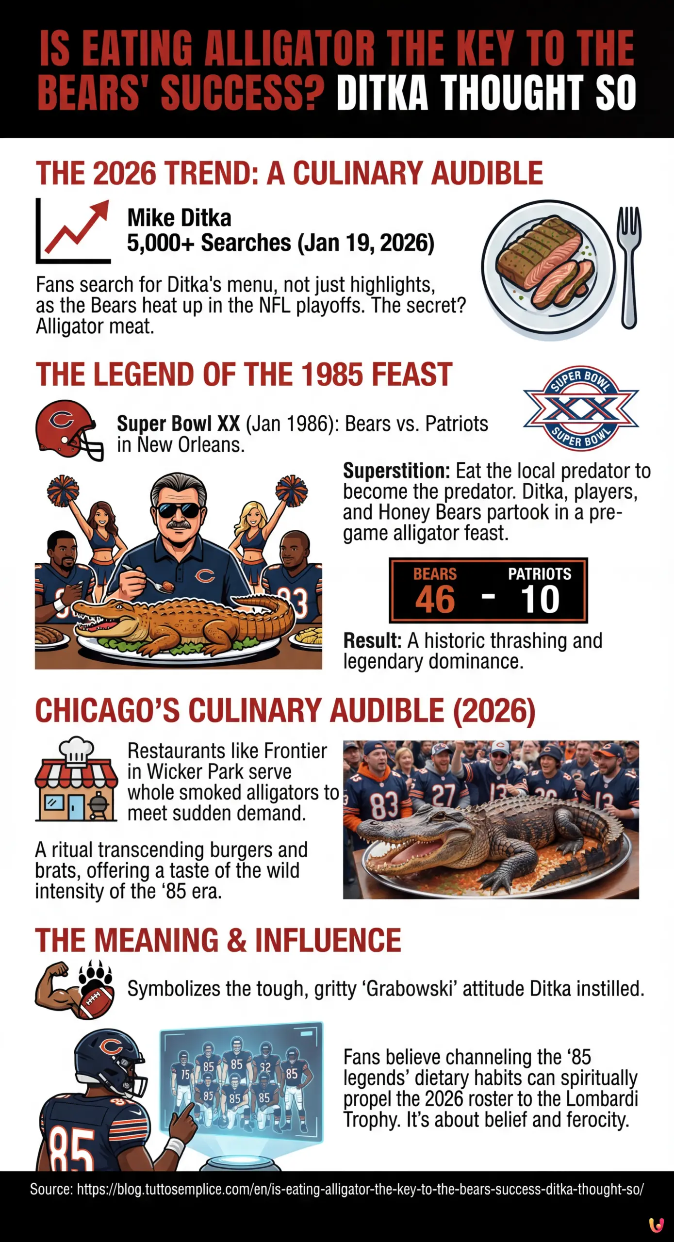 Is Eating Alligator The Key To The Bears’ Success? Ditka Thought So - Summary Infographic