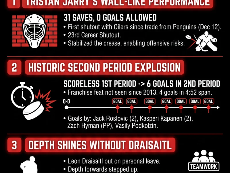 Infografica: Jarry&rsquo;s Masterclass: Oilers Demolish Canucks 6-0 in Historic Rout