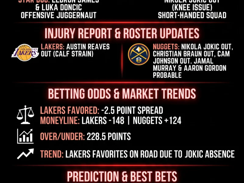 Infografica: Lakers vs Nuggets Prediction: LeBron and Luka Face Short-Handed Denver Tonight