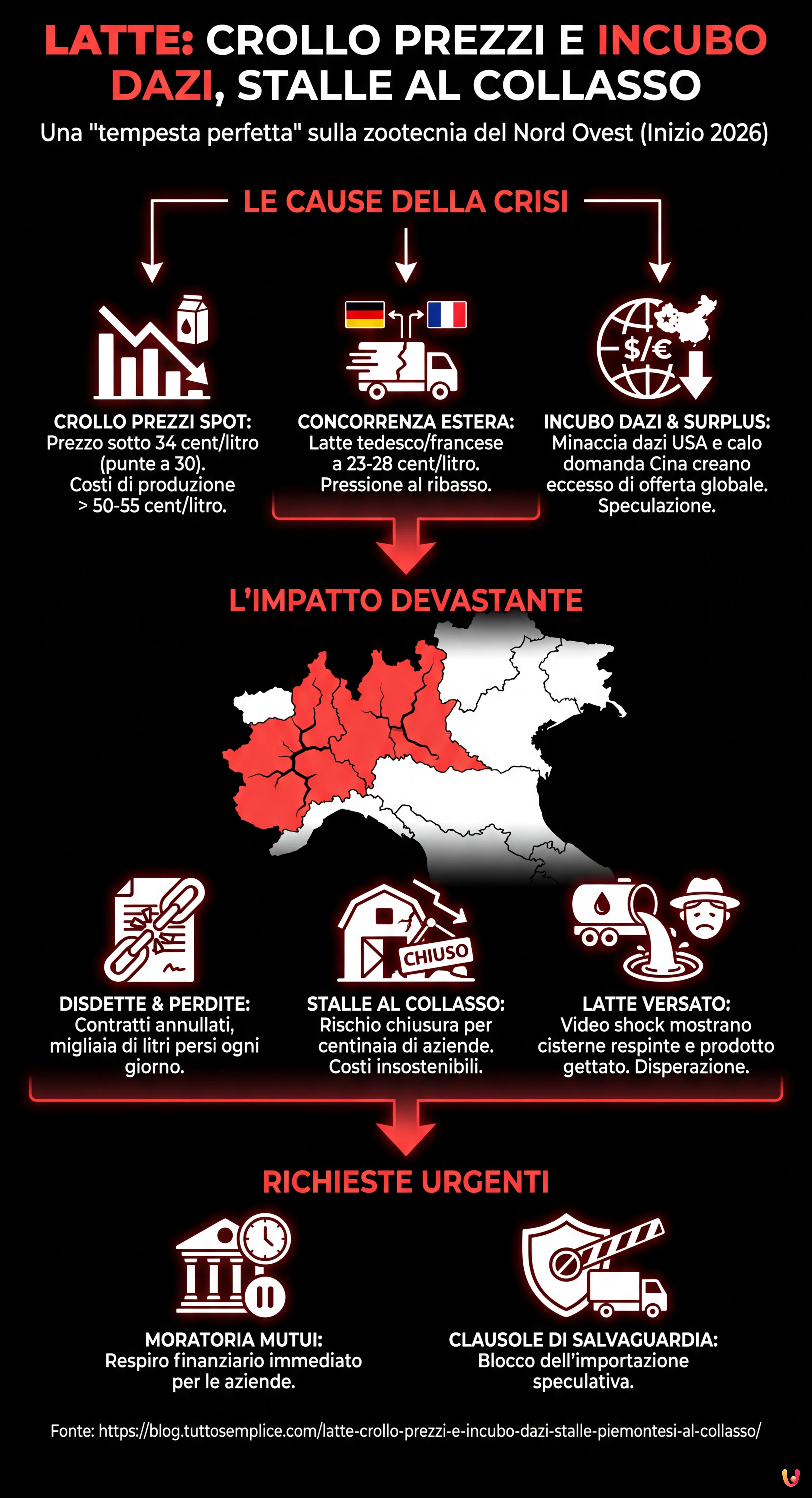 Latte: crollo prezzi e incubo dazi, stalle piemontesi al collasso - Infografica riassuntiva