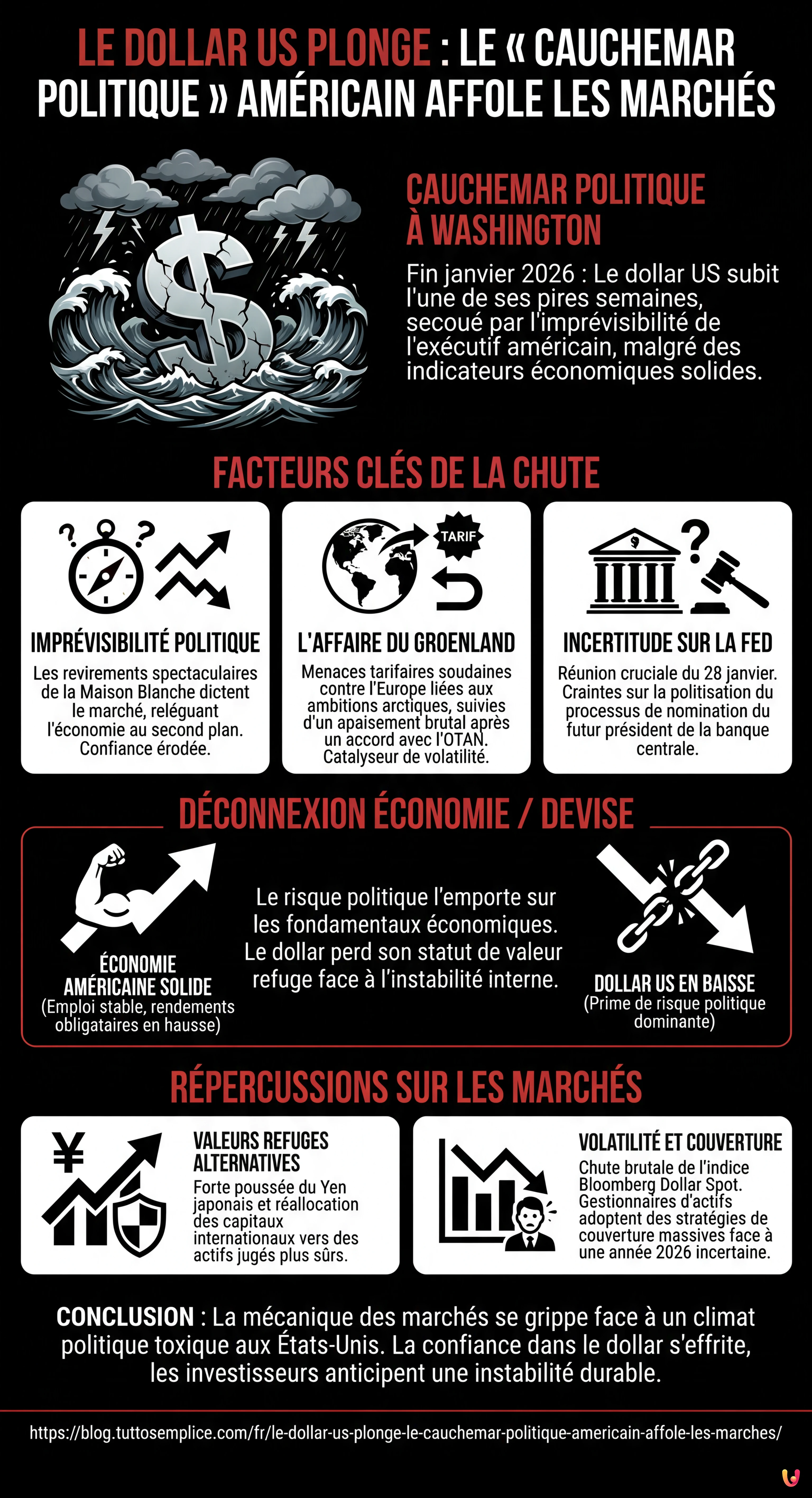 Le dollar US plonge : le &laquo; cauchemar politique &raquo; am&eacute;ricain affole les march&eacute;s - Infographie r&eacute;sumant