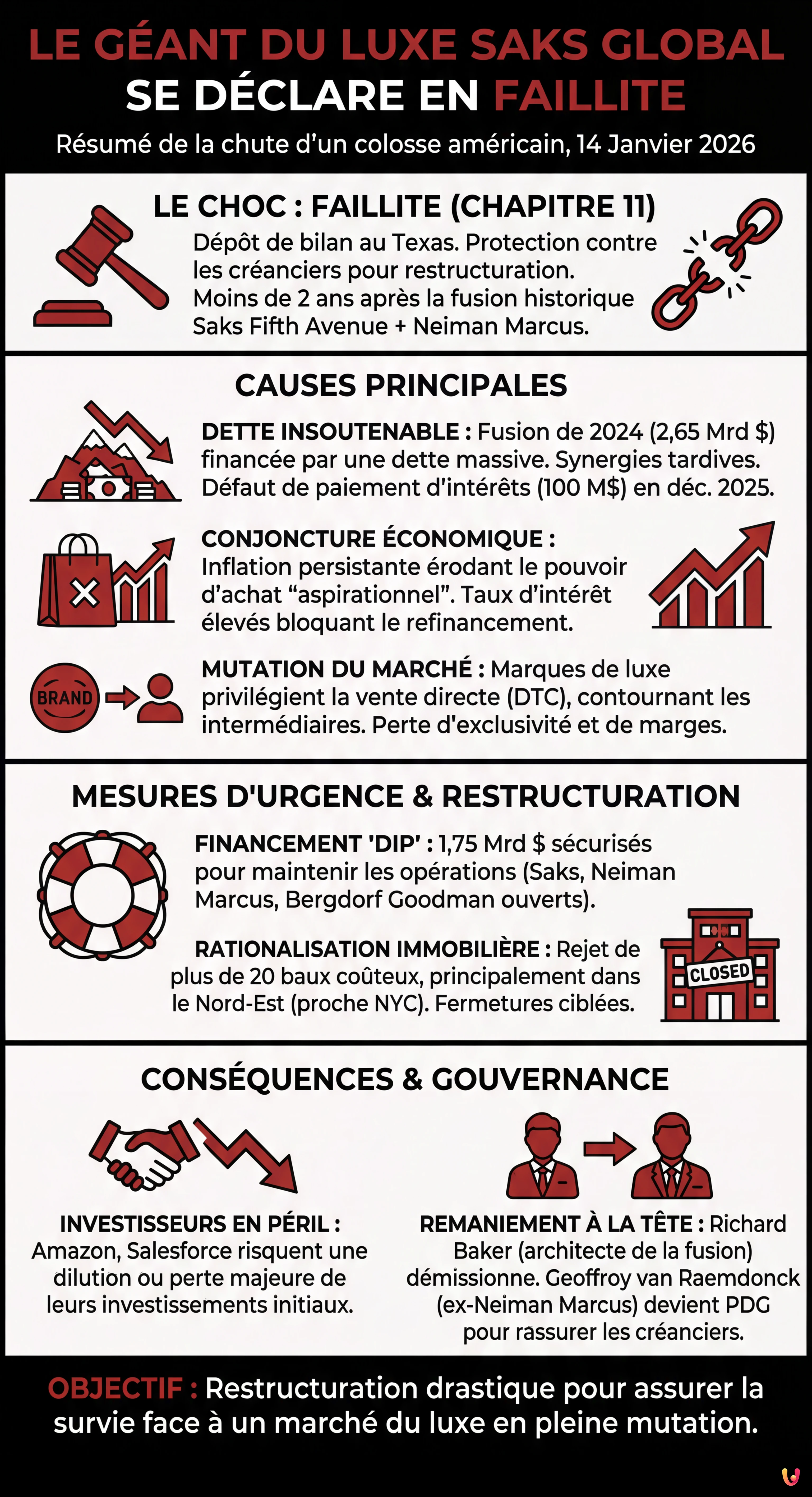 Le géant du luxe Saks Global se déclare en faillite - Infographie résumant
