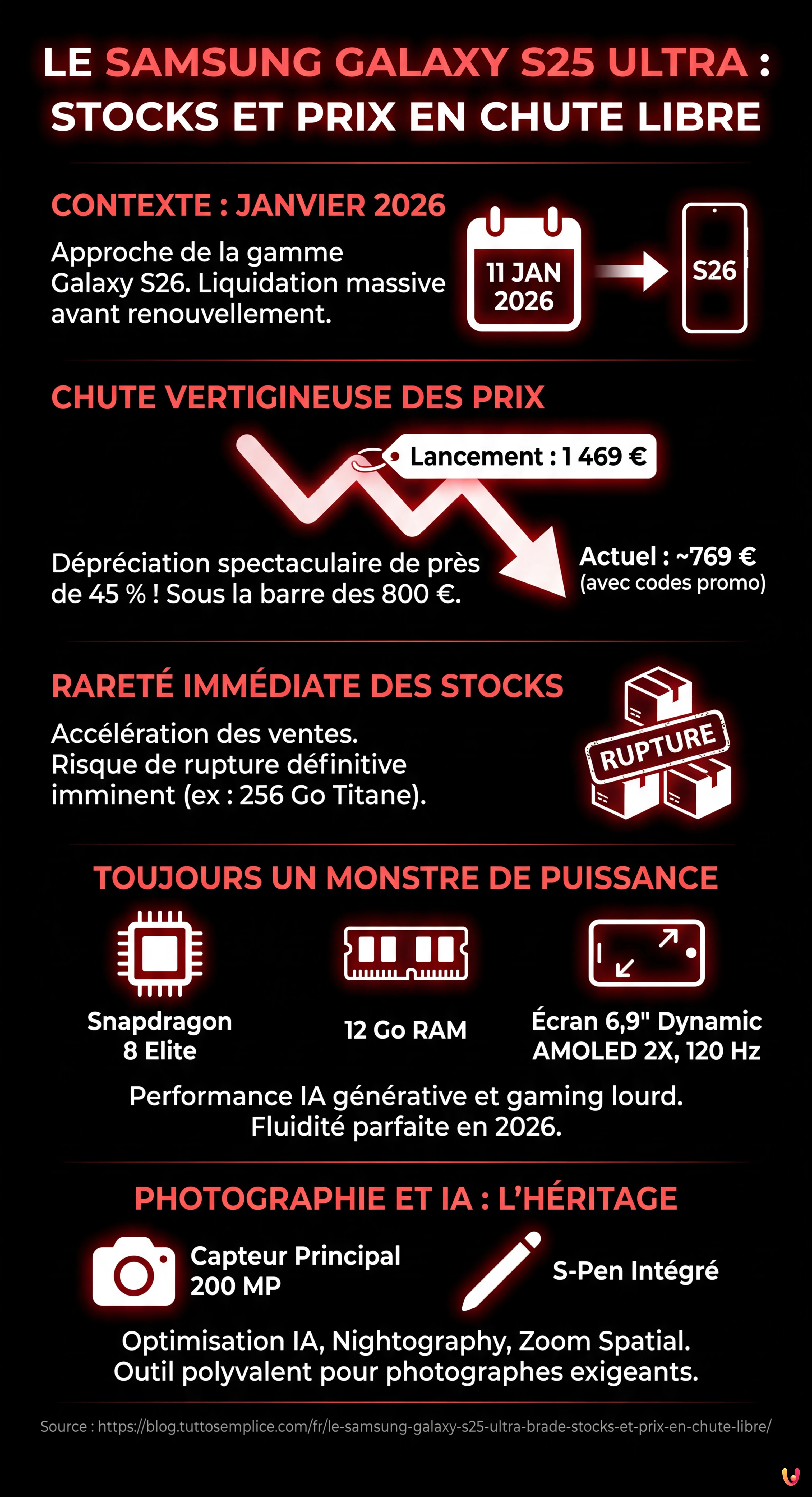 Le Samsung Galaxy S25 Ultra brad&eacute; : stocks et prix en chute libre - Infographie r&eacute;sumant