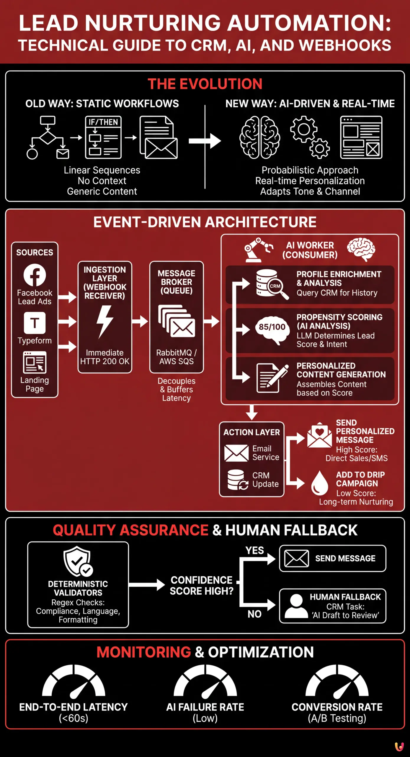 Lead Nurturing Automation: Technical Guide to CRM, AI, and Webhooks - Summary Infographic