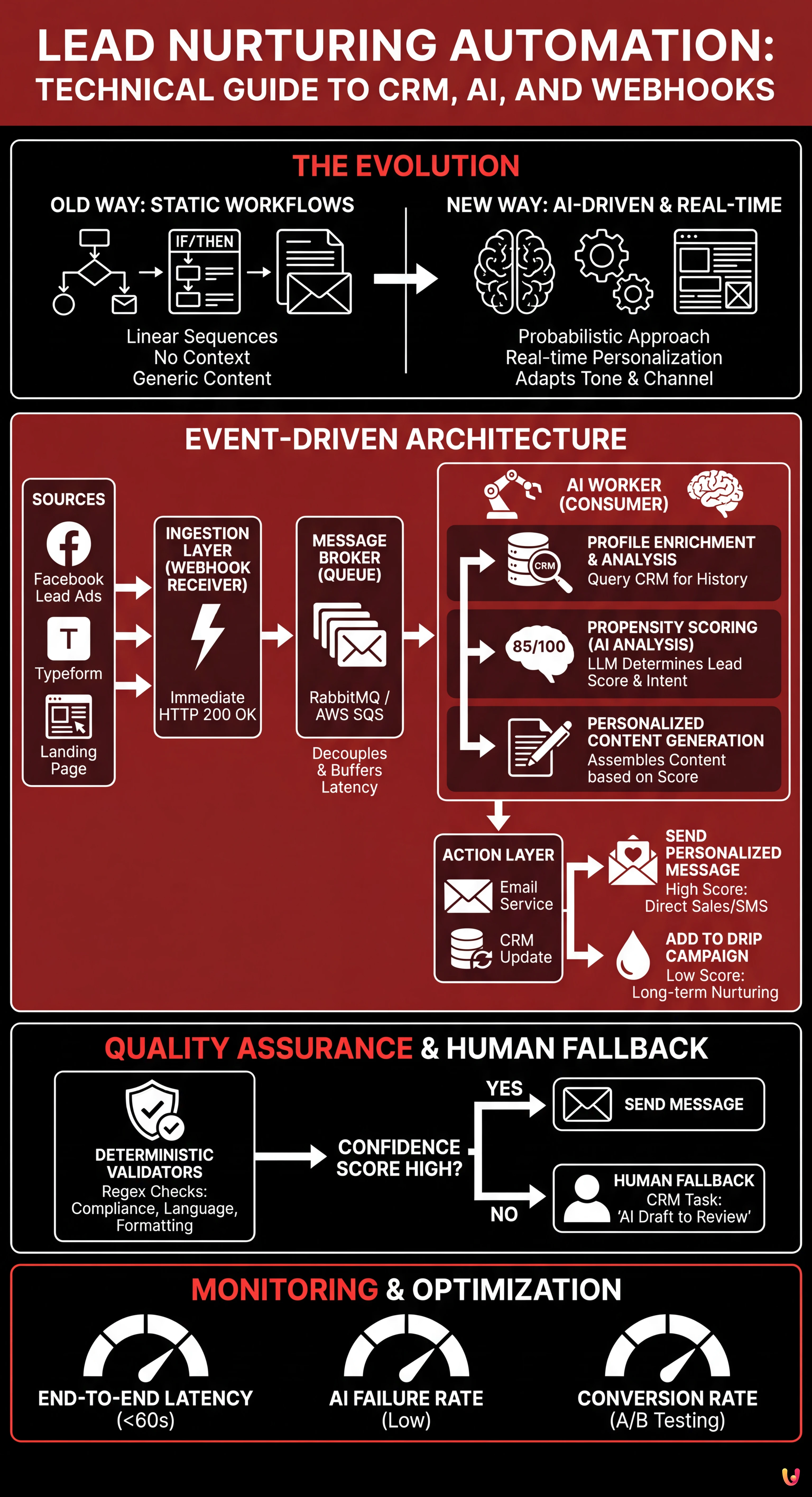 Lead Nurturing Automation: Technical Guide to CRM, AI, and Webhooks - Summary Infographic