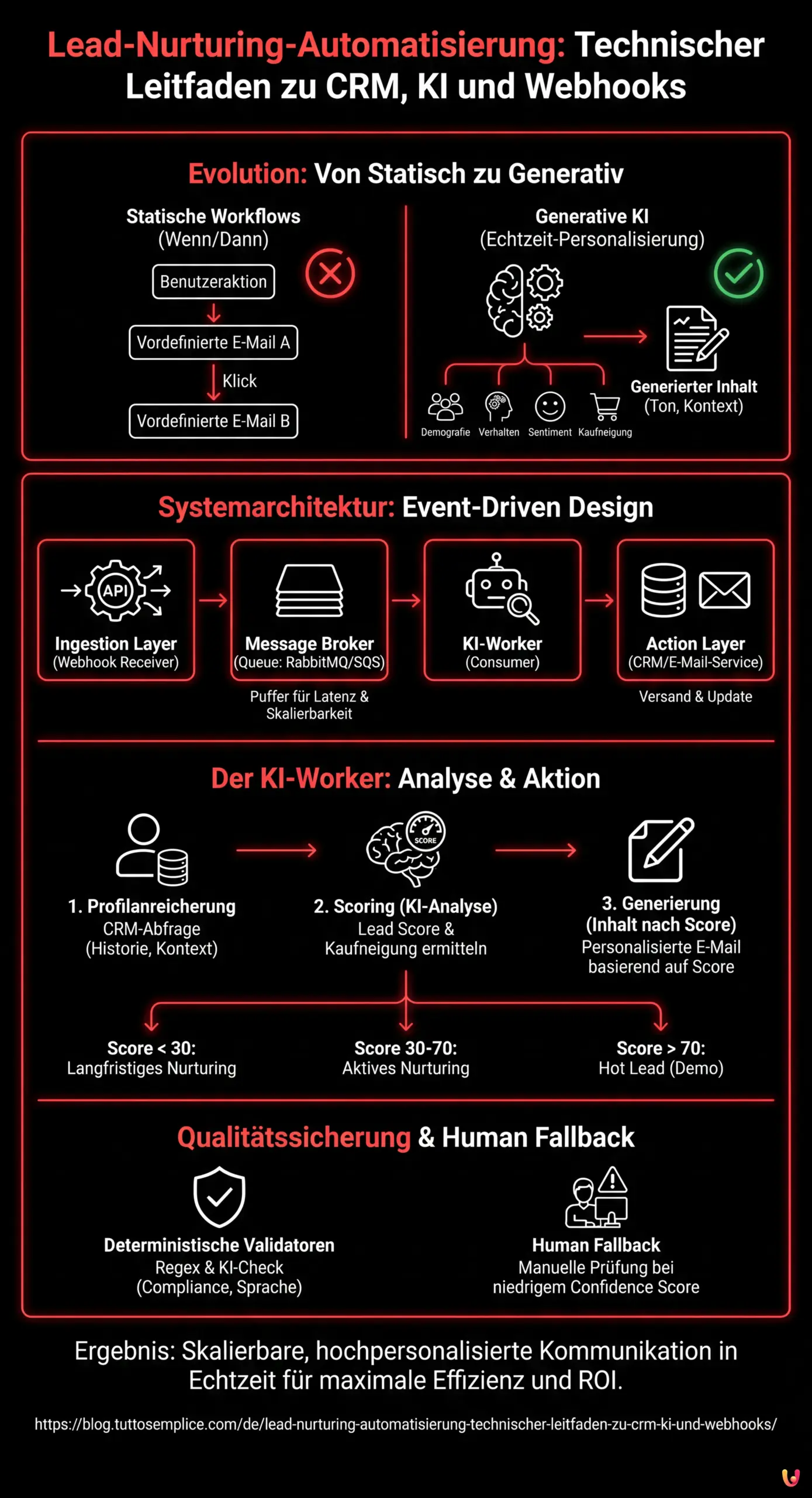 Lead-Nurturing-Automatisierung: Technischer Leitfaden zu CRM, KI und Webhooks - Zusammenfassende Infografik