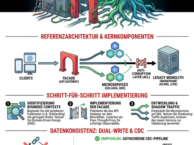 Infografica: Legacy-zu-Microservices-Migration: Leitfaden zum Strangler-Fig-Pattern im Banking