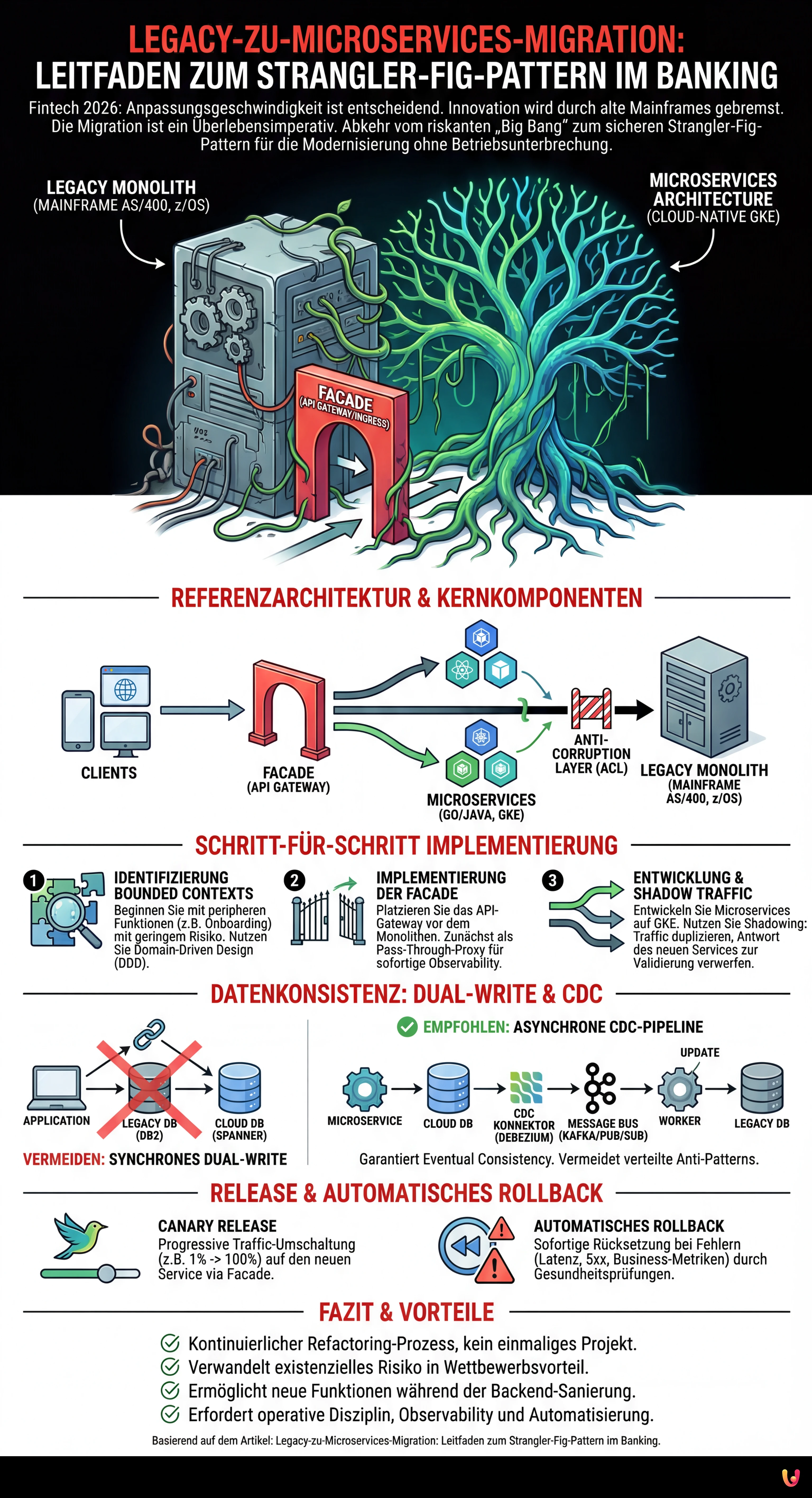 Legacy-zu-Microservices-Migration: Leitfaden zum Strangler-Fig-Pattern im Banking - Zusammenfassende Infografik