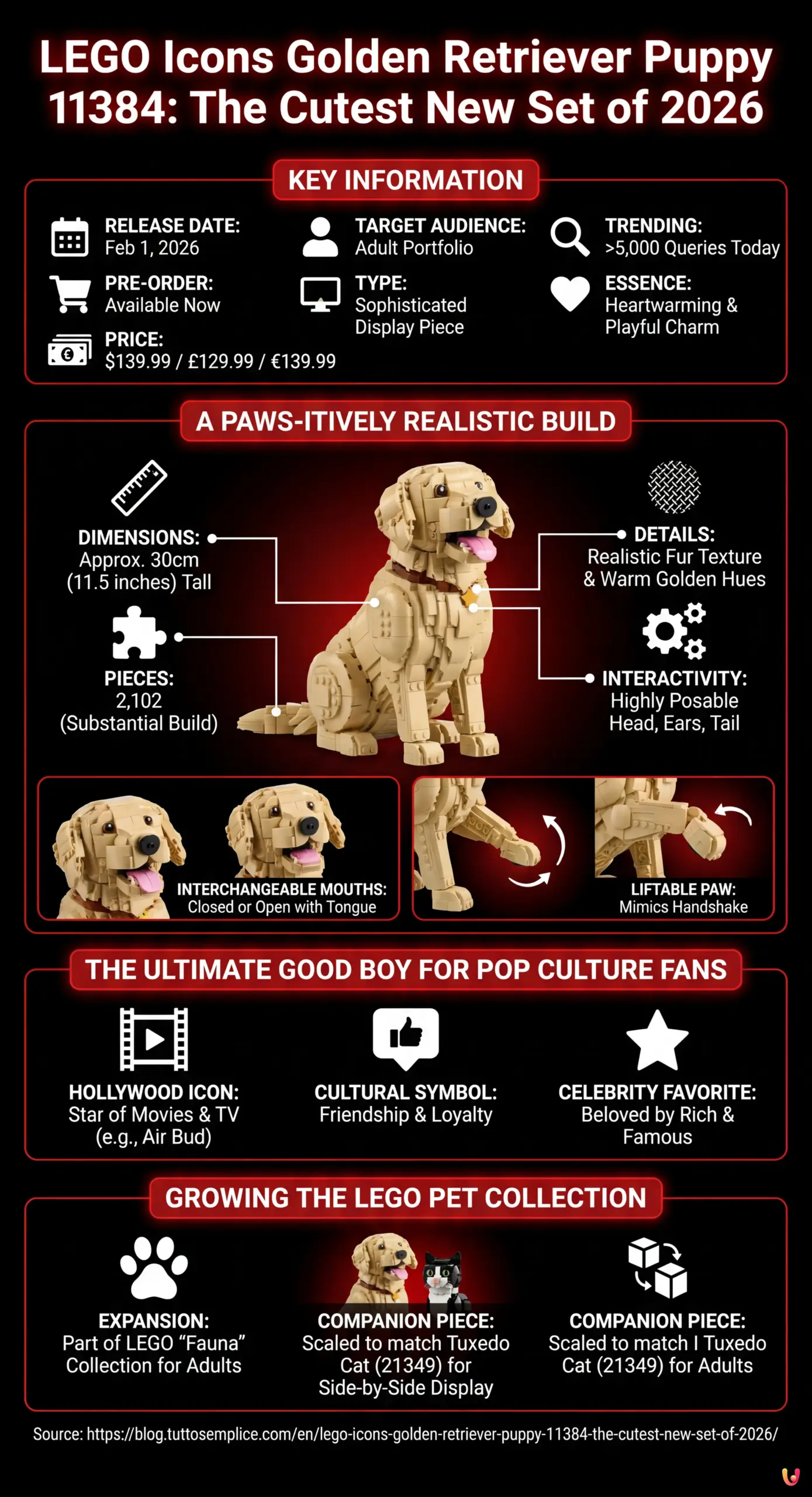 LEGO Icons Golden Retriever Puppy 11384: The Cutest New Set of 2026 - Summary Infographic