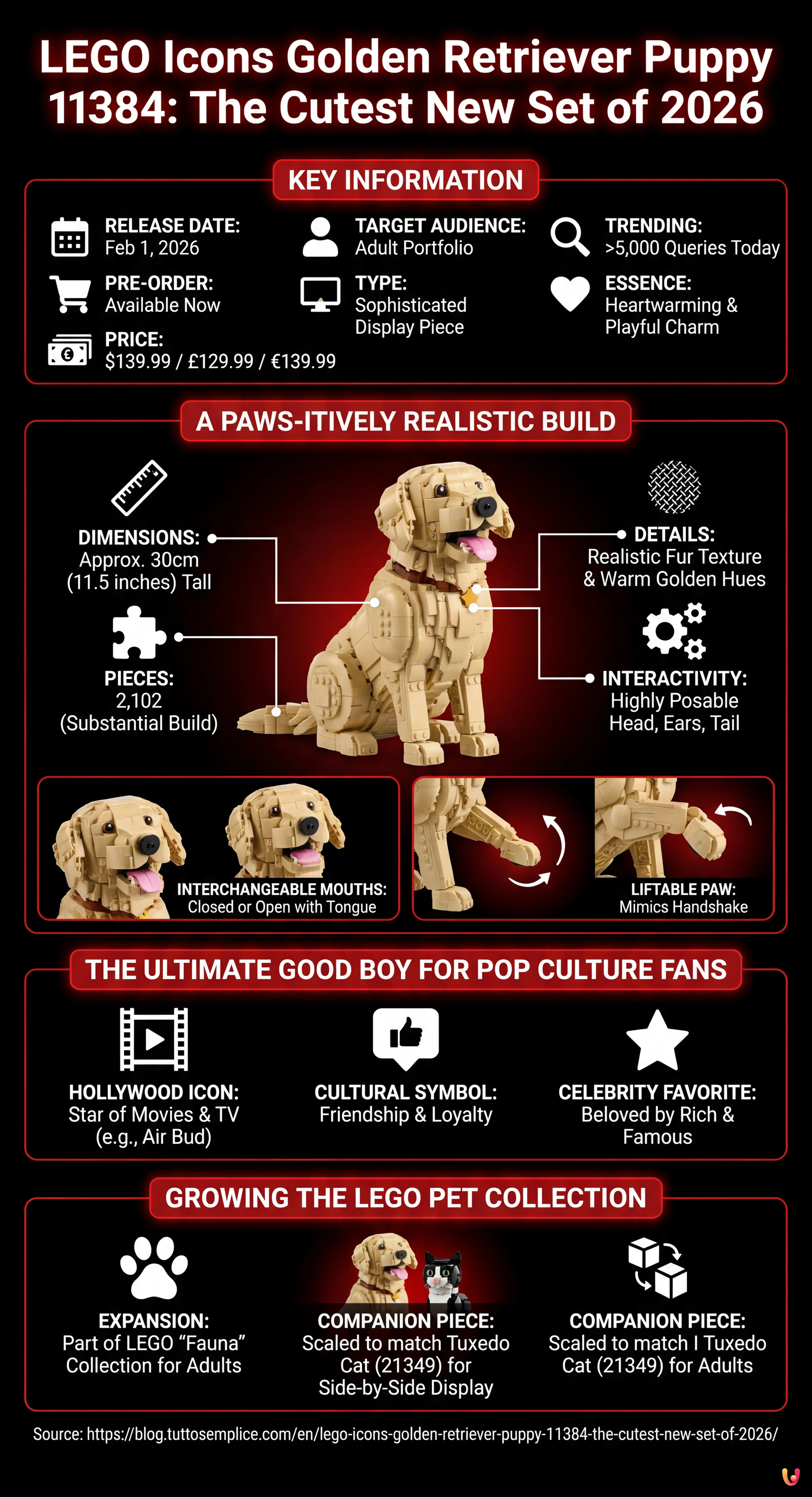 LEGO Icons Golden Retriever Puppy 11384: The Cutest New Set of 2026 - Summary Infographic