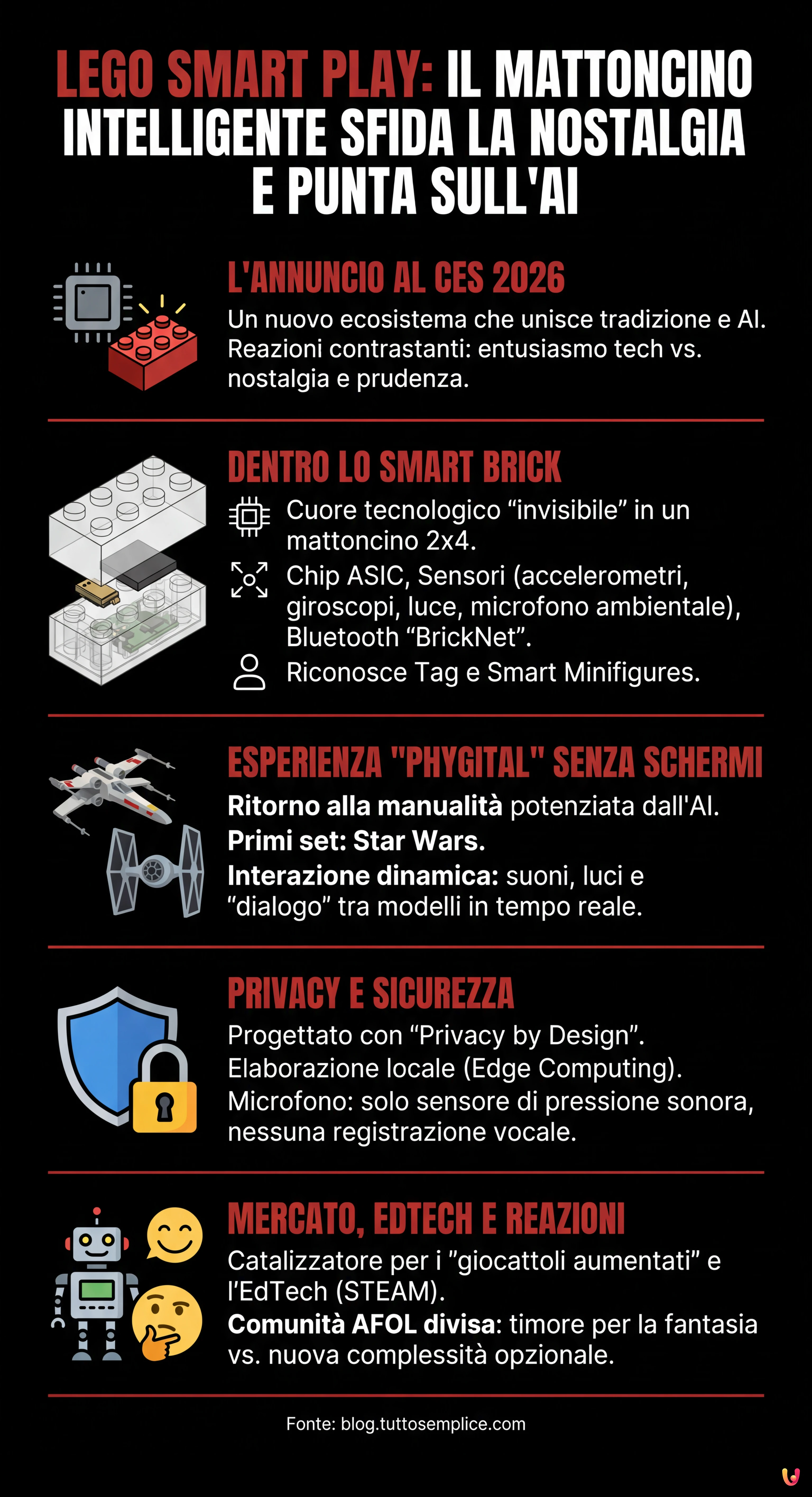 Lego Smart Play: il mattoncino intelligente sfida la nostalgia e punta sull'AI - Infografica riassuntiva