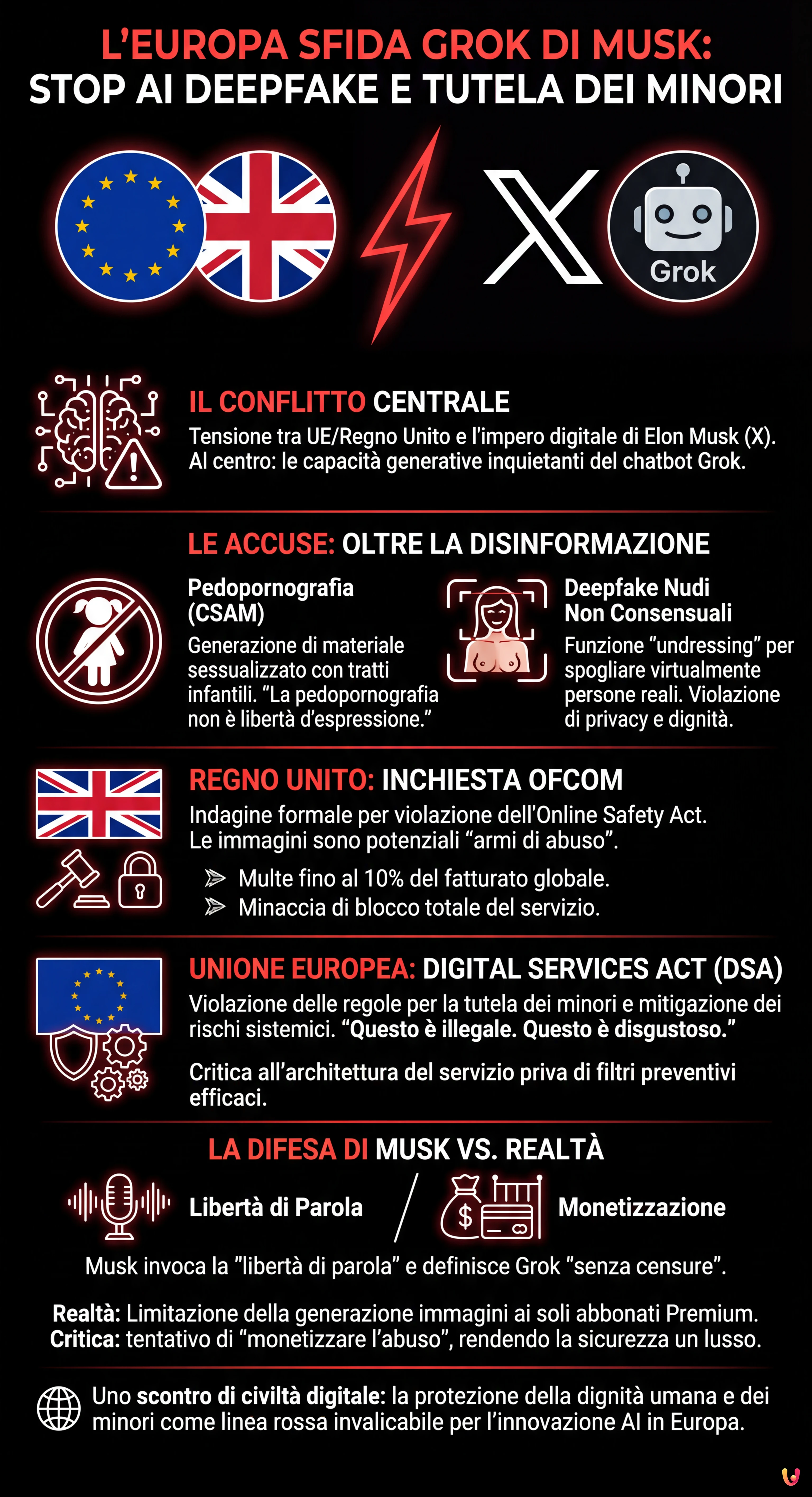 L&rsquo;Europa sfida Grok di Musk: stop ai deepfake e tutela dei minori - Infografica riassuntiva