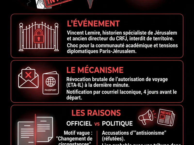 Infografica: L&rsquo;historien Vincent Lemire interdit d&rsquo;entr&eacute;e en Isra&euml;l : crise diplomatique et acad&eacute;mique