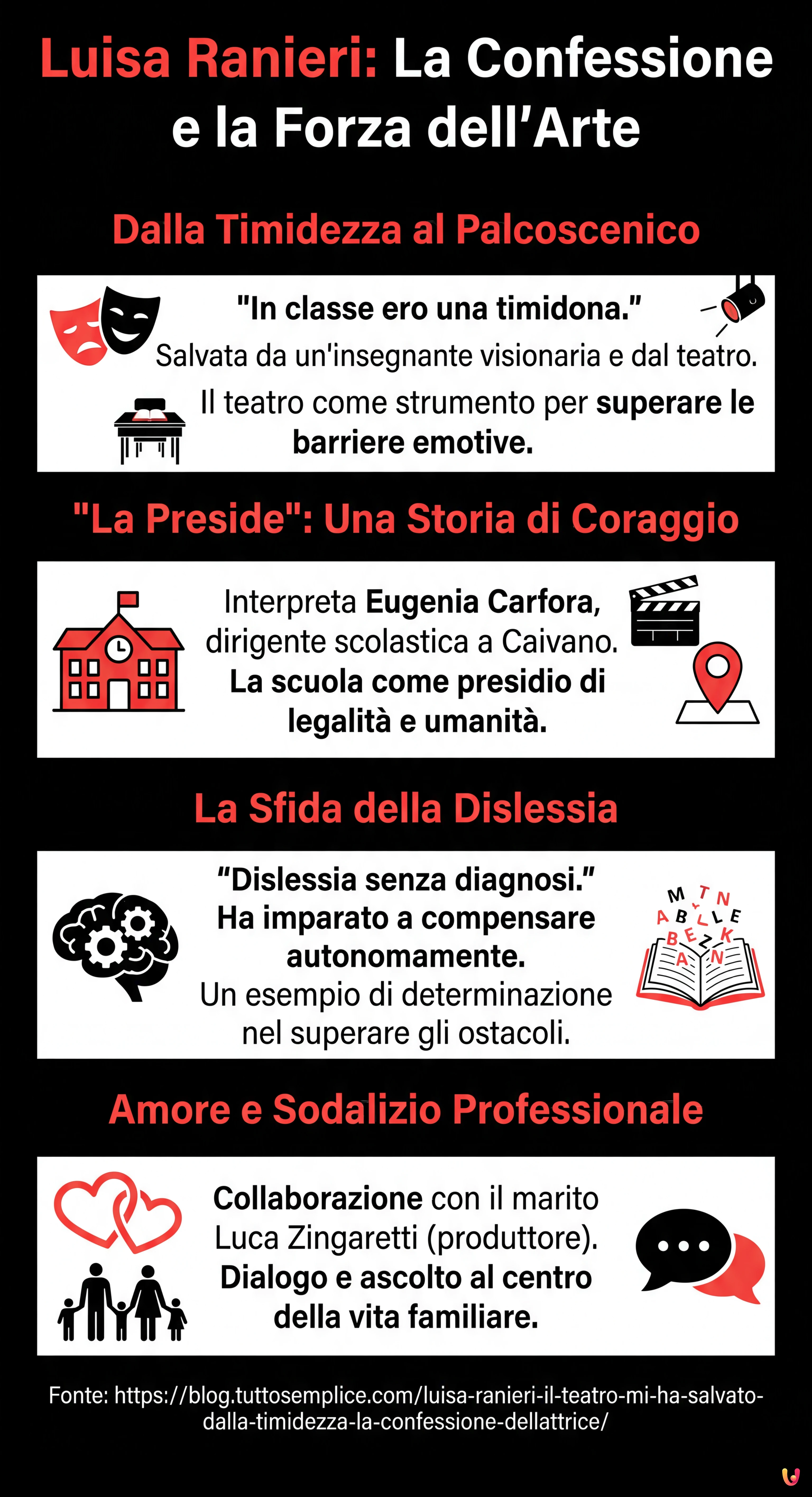 Luisa Ranieri: "Il teatro mi ha salvato dalla timidezza", la confessione dell'attrice - Infografica riassuntiva