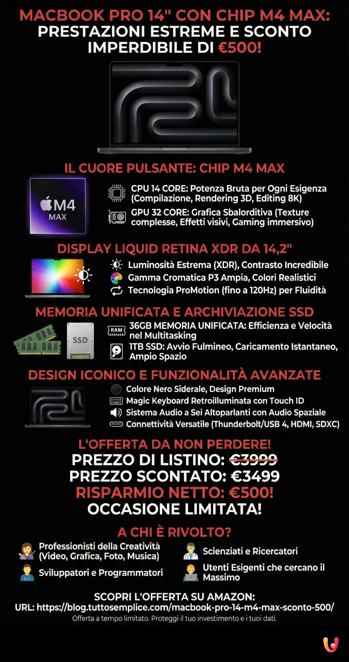 MacBook Pro 14" con Chip M4 Max: Prestazioni Estreme e Sconto Imperdibile di &euro;500! - Infografica riassuntiva
