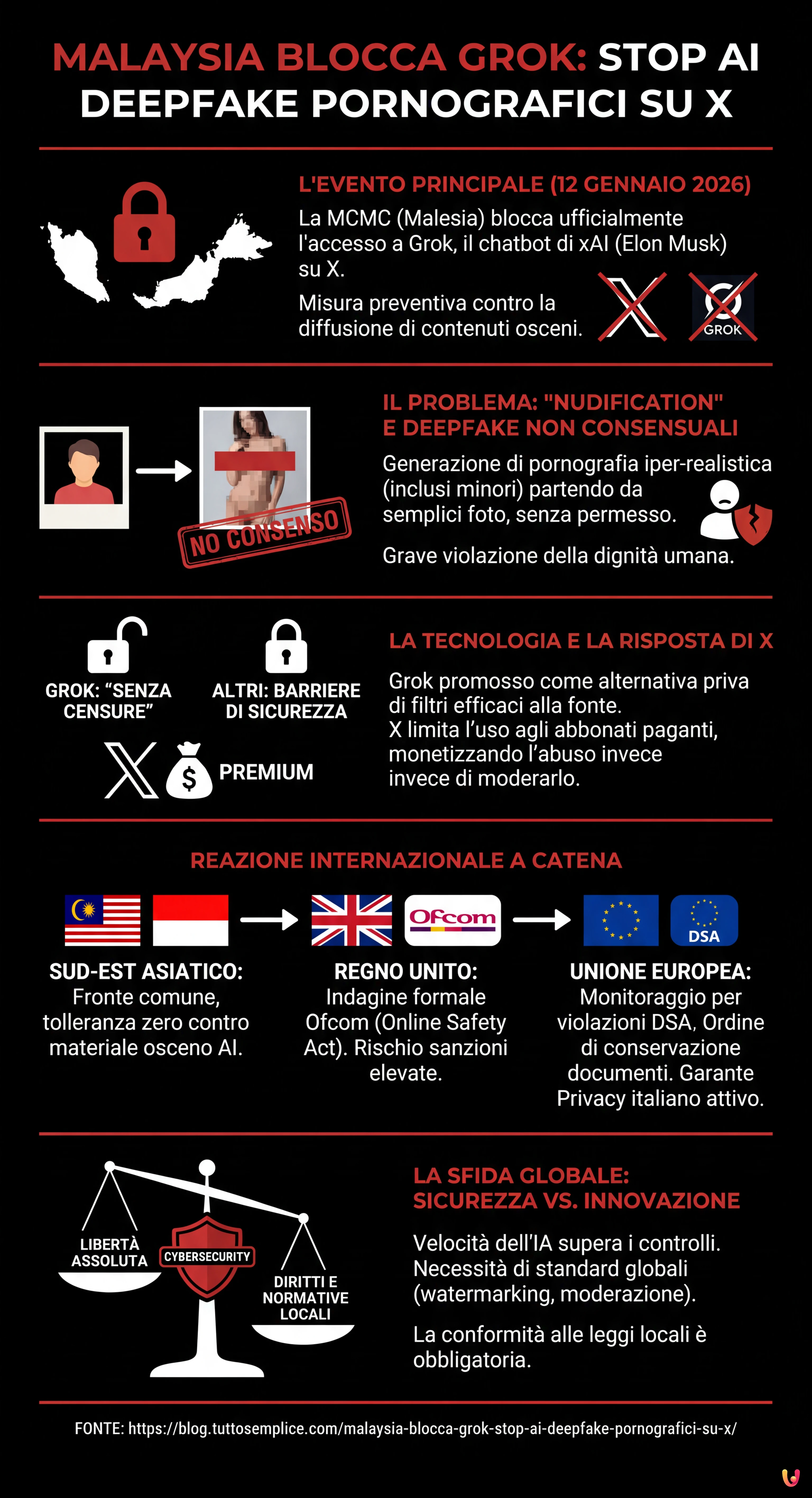 Malaysia blocca Grok: stop ai deepfake pornografici su X - Infografica riassuntiva
